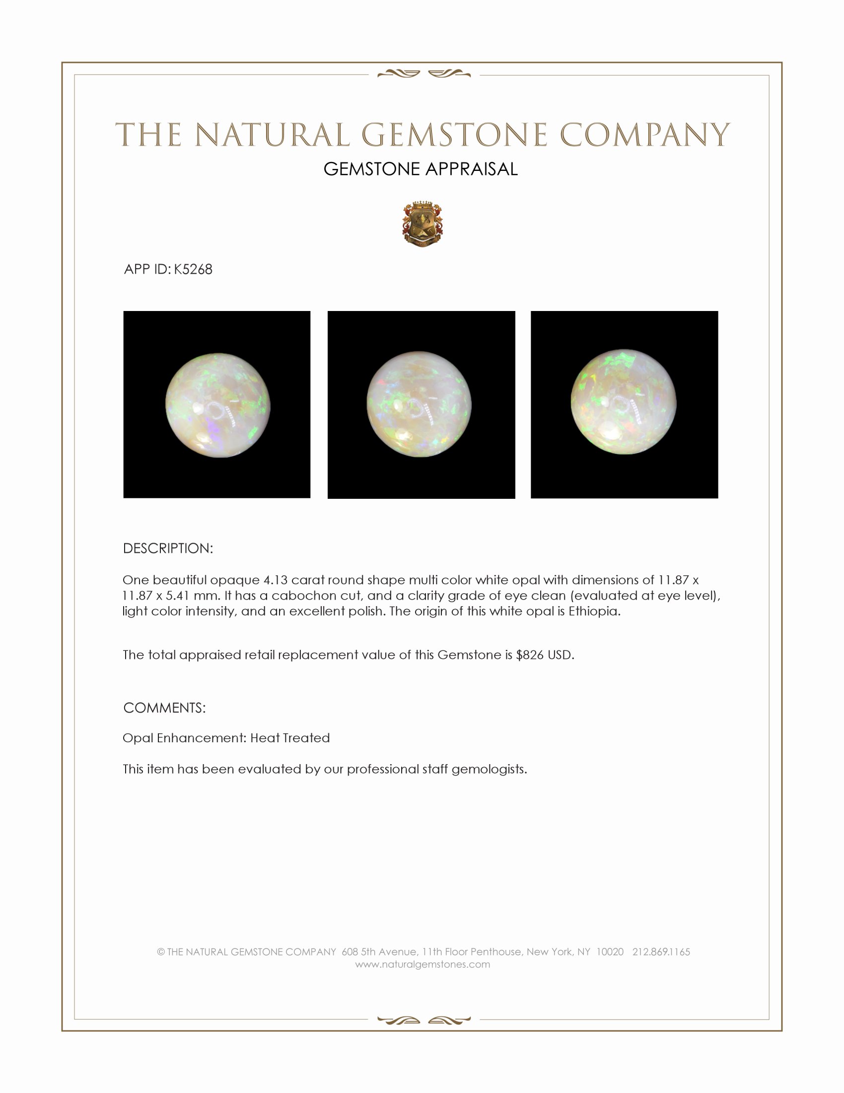 4.13 Ct. Cabochon White Opal from Ethiopia