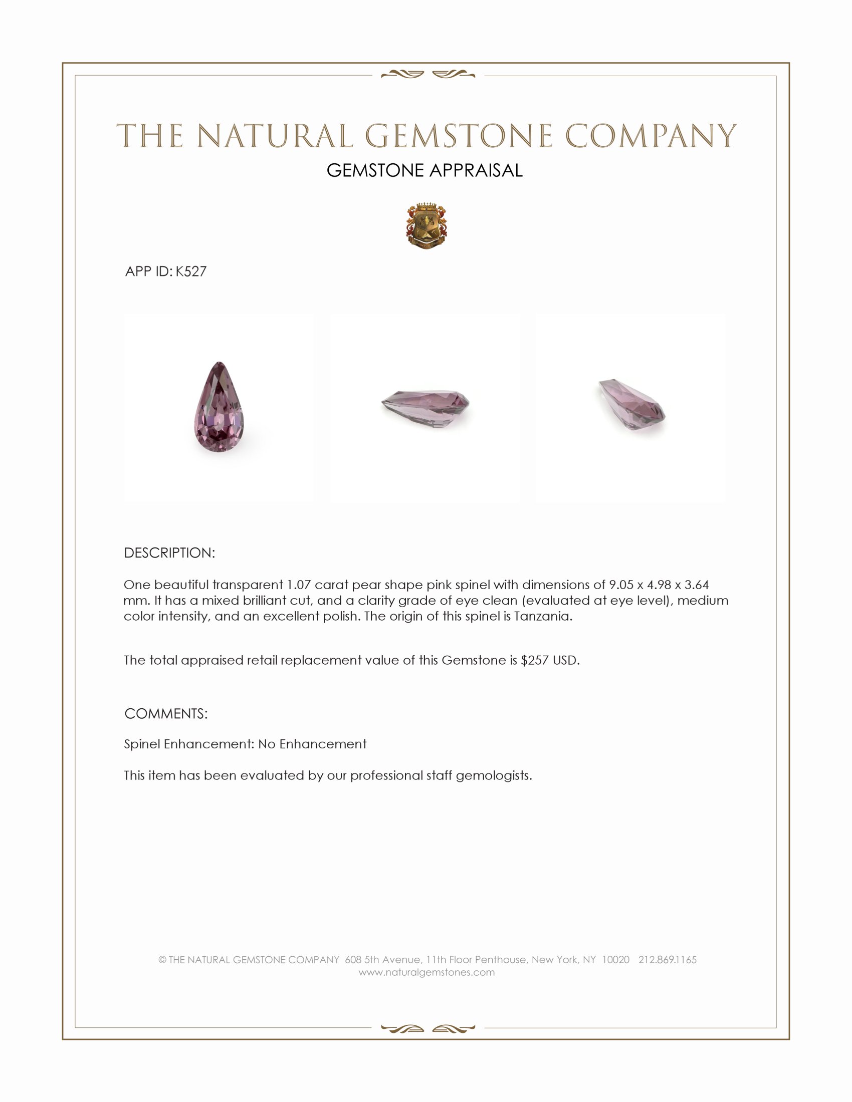 1.07 Ct. Purple Spinel from Tanzania