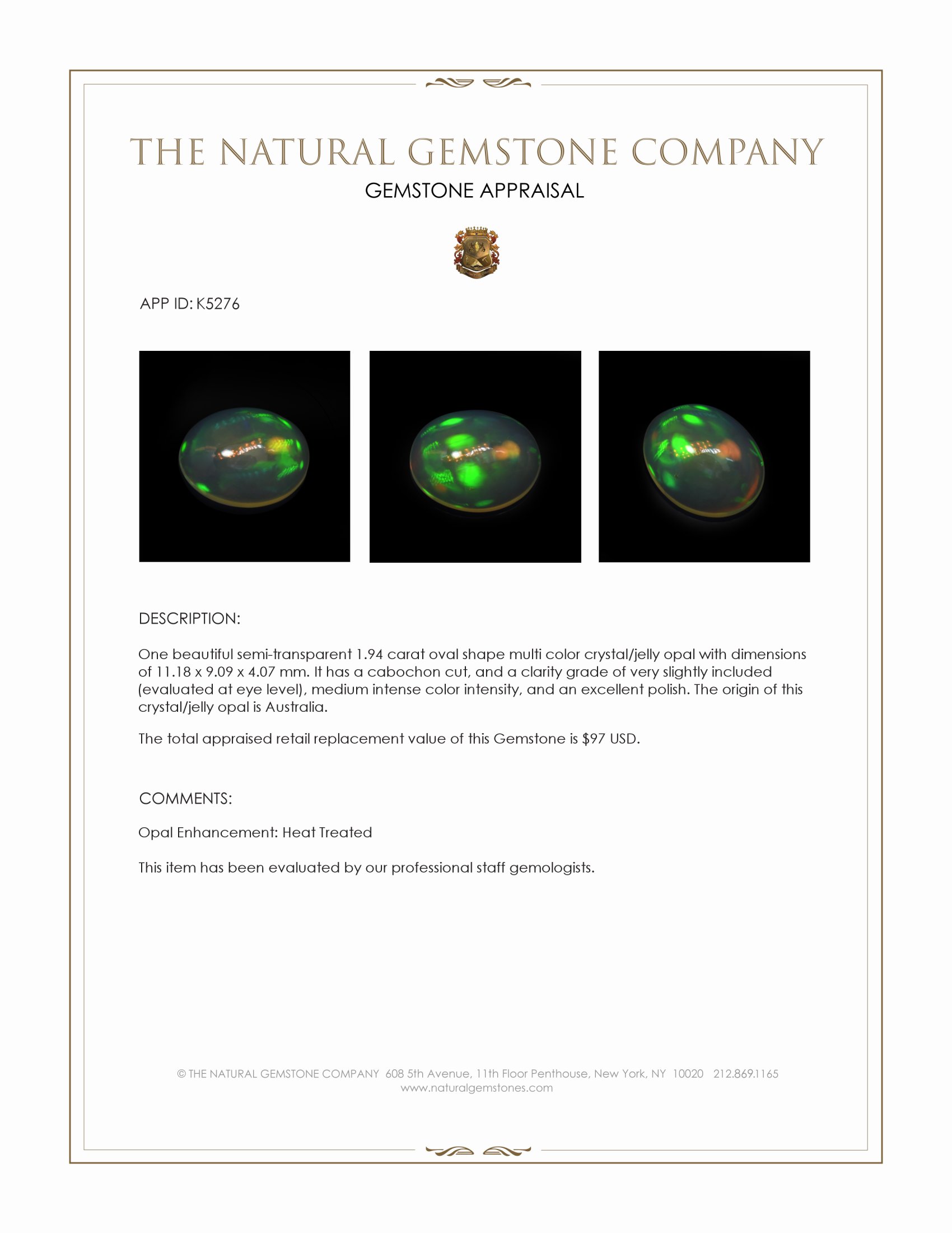1.94 Ct. Cabochon Crystal/Jelly Opal from Australia