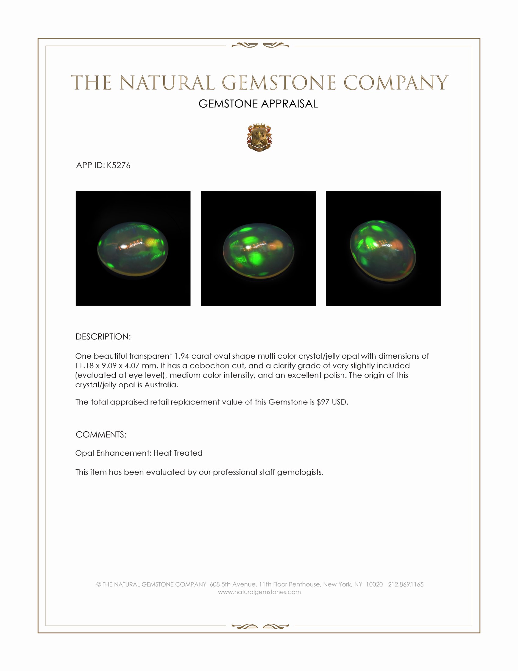 1.94 Ct. Multi Color Cabochon Crystal/Jelly Opal from Australia