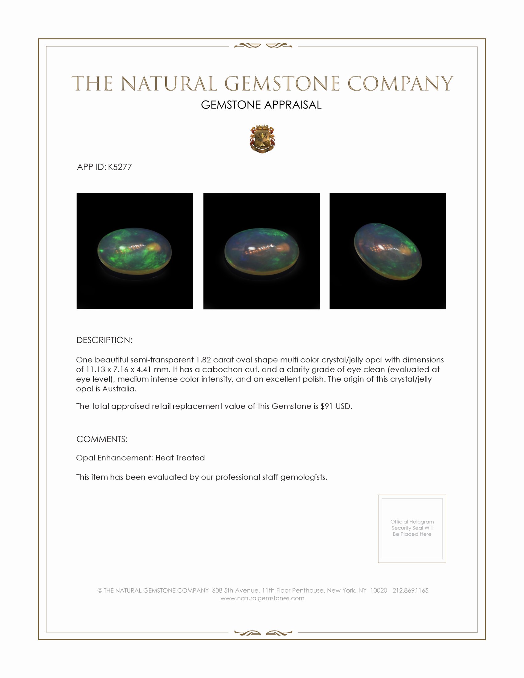 1.82 Ct. Cabochon Crystal/Jelly Opal from Australia