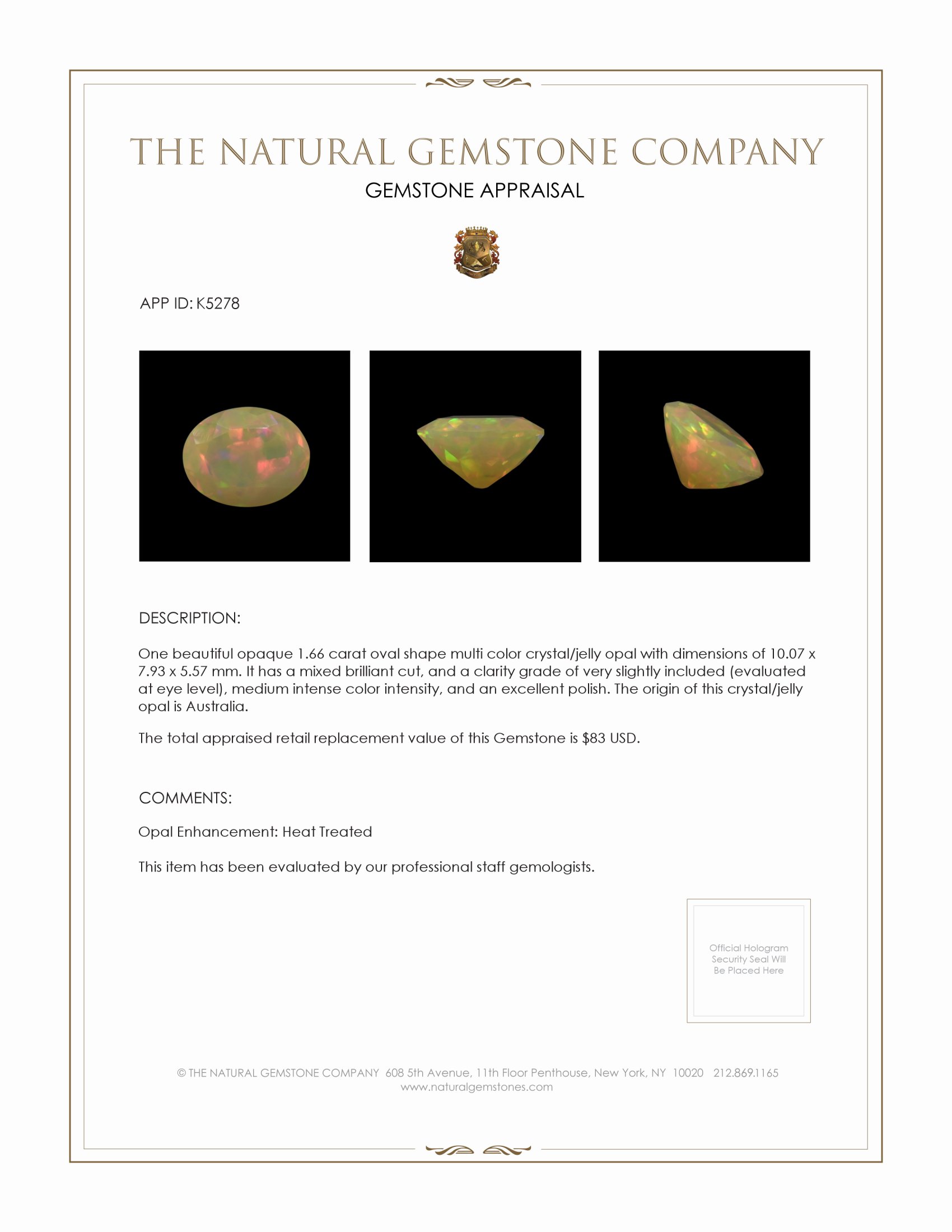 1.66 Ct. Crystal/Jelly Opal from Australia