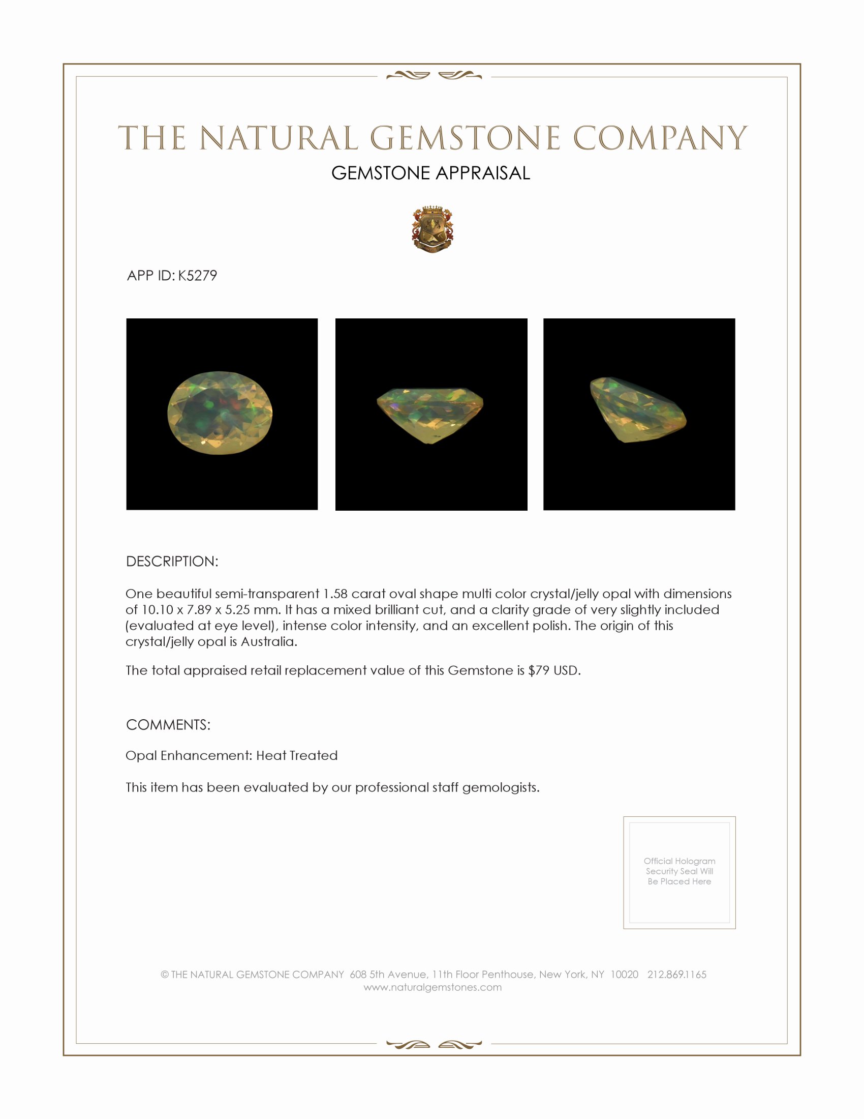 1.58 Ct. Crystal/Jelly Opal from Australia