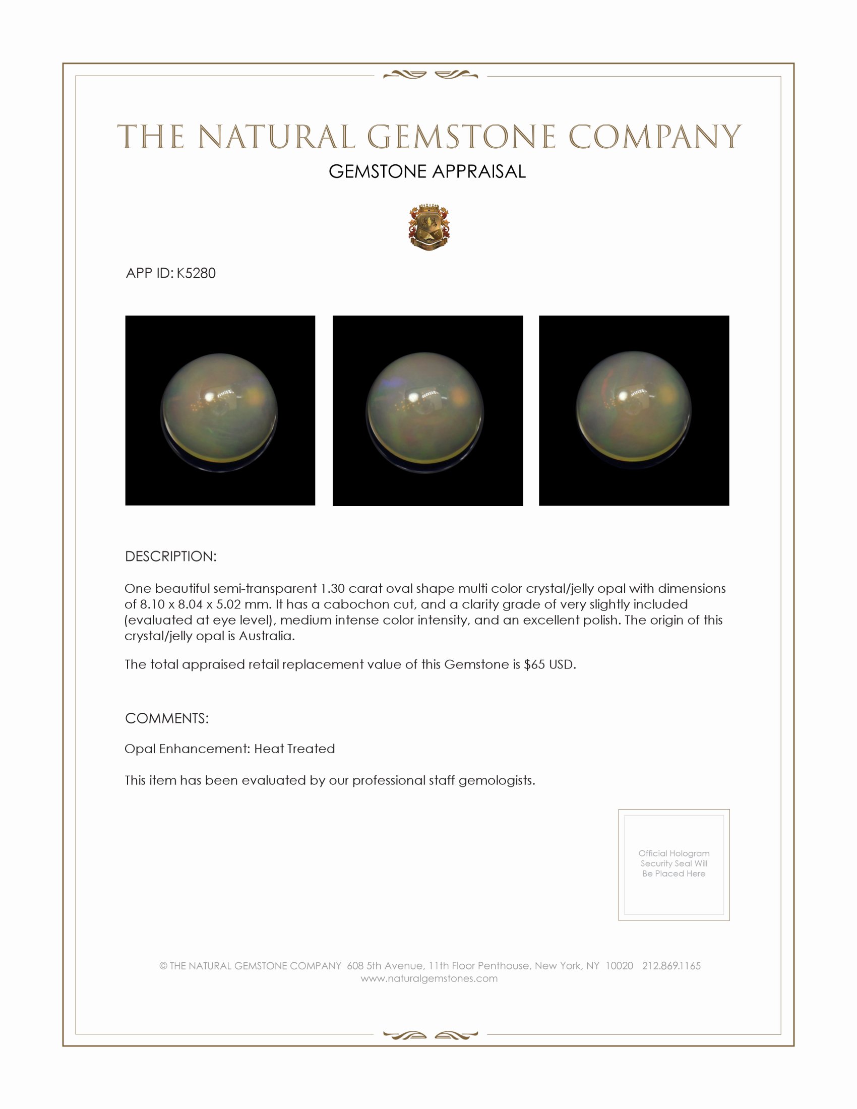 1.30 Ct. Cabochon Crystal/Jelly Opal from Australia