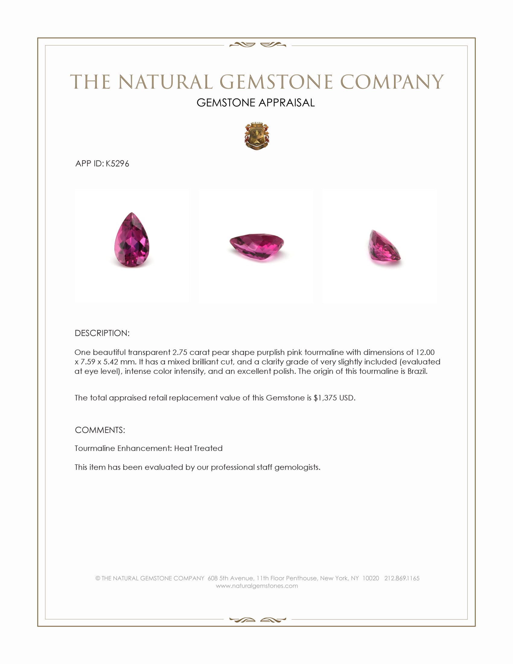 2.75 Ct. Purplish Pink Tourmaline from Brazil