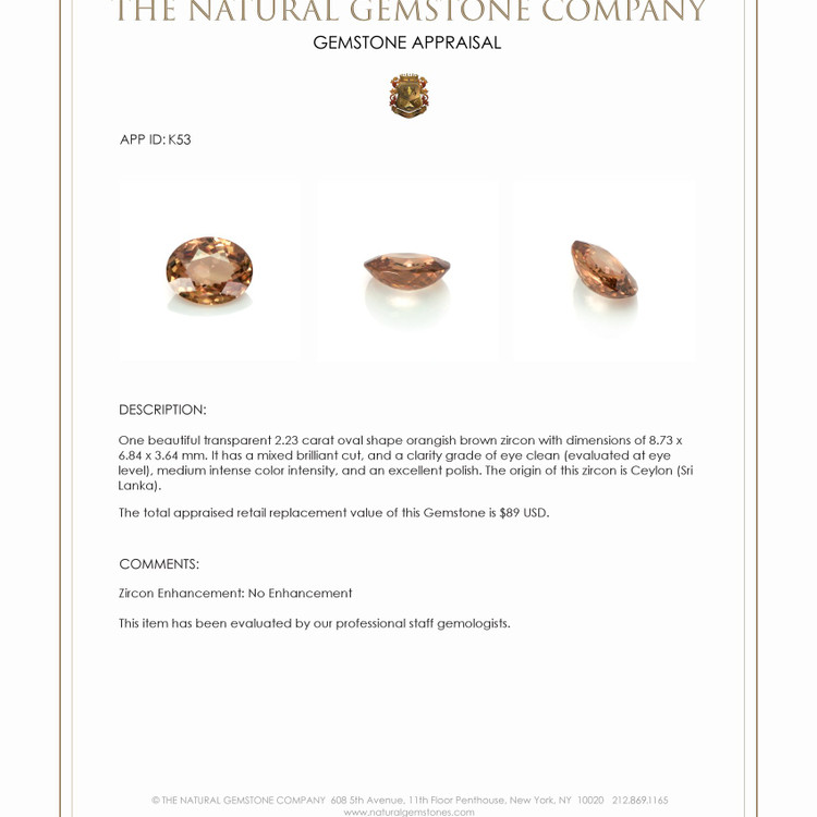 2.23 Ct. Zircon from Ceylon (Sri Lanka)