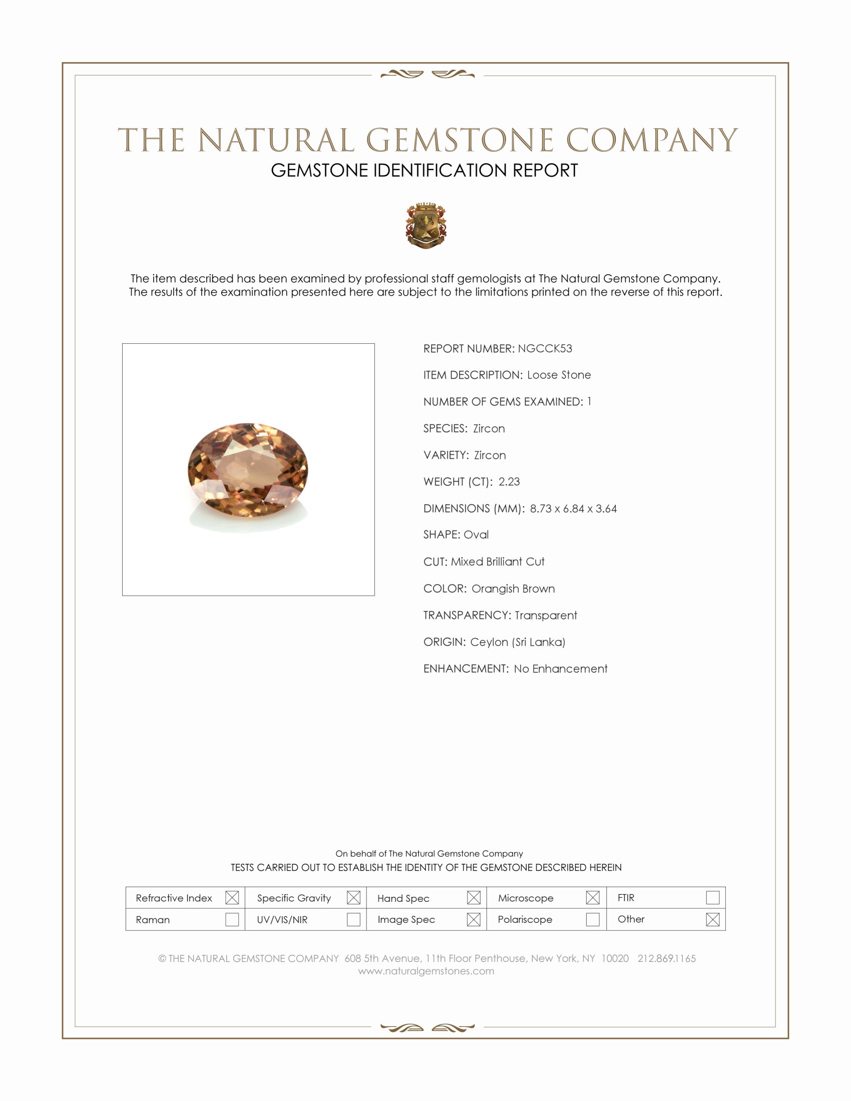 2.23 Ct. Orangish Brown Zircon from Ceylon (Sri Lanka)