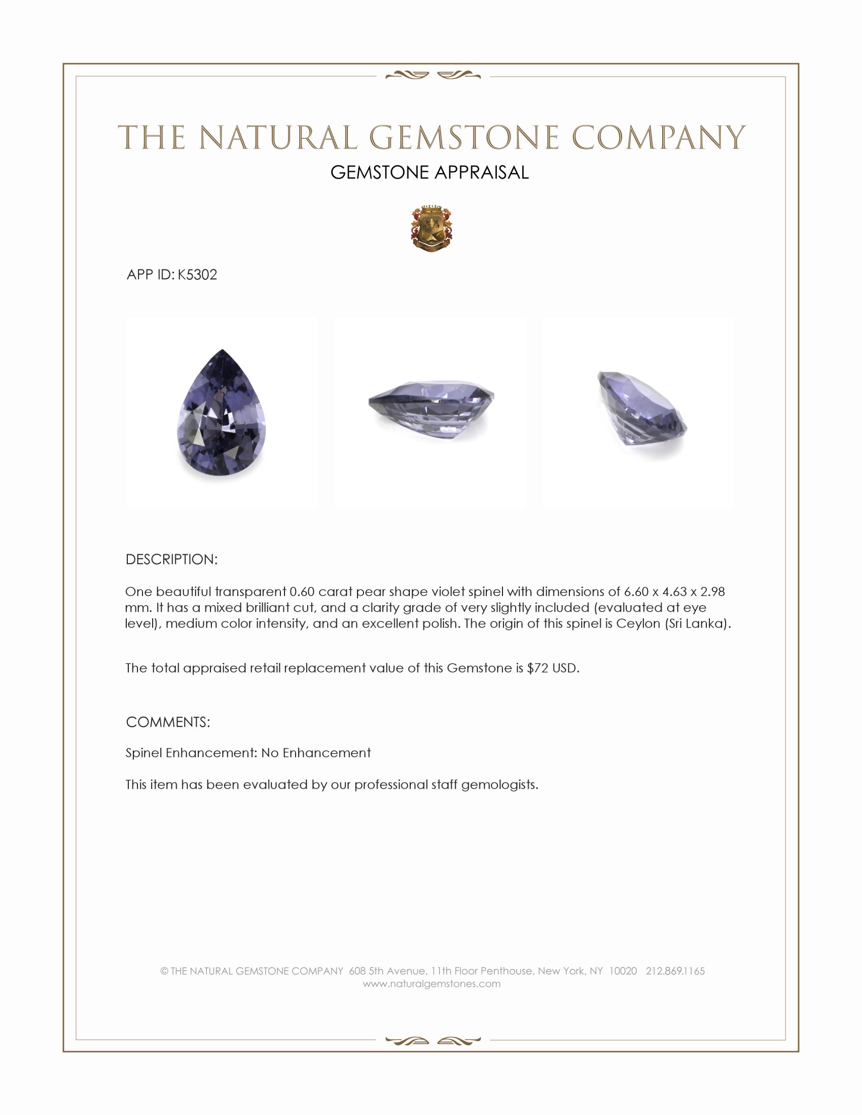 0.60 Ct. Violet Spinel from Ceylon (Sri Lanka)