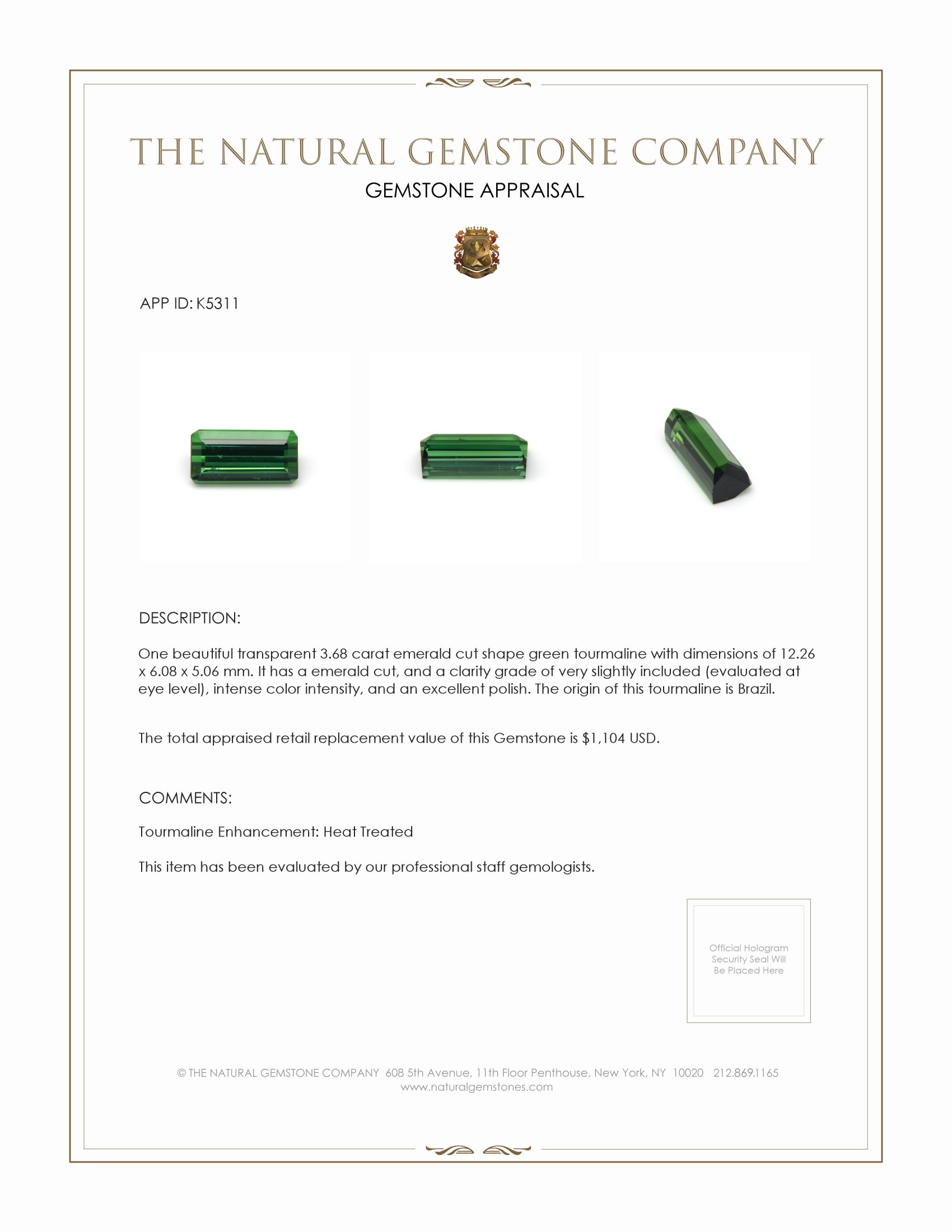 3.68 Ct. Tourmaline from Brazil