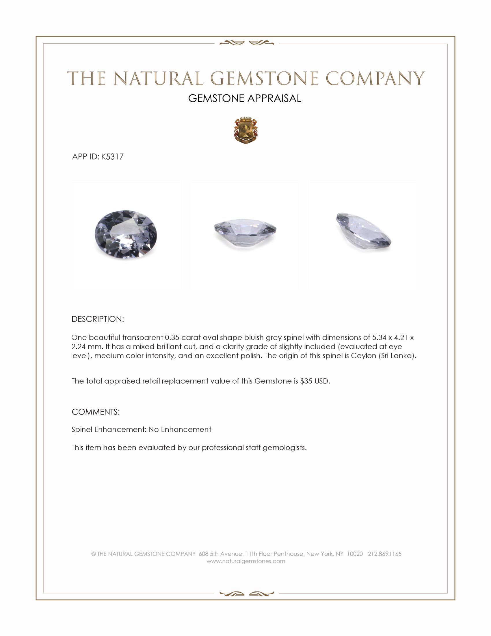 0.35 Ct. Bluish Grey Spinel from Ceylon (Sri Lanka)