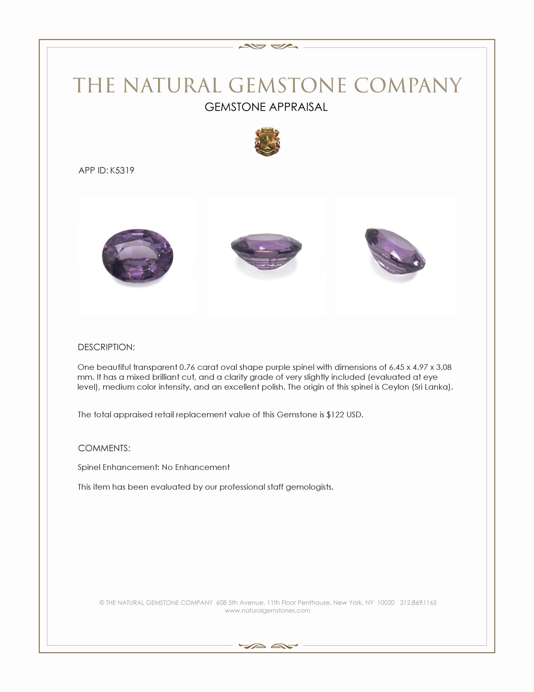 0.76 Ct. Purple Spinel from Ceylon (Sri Lanka)