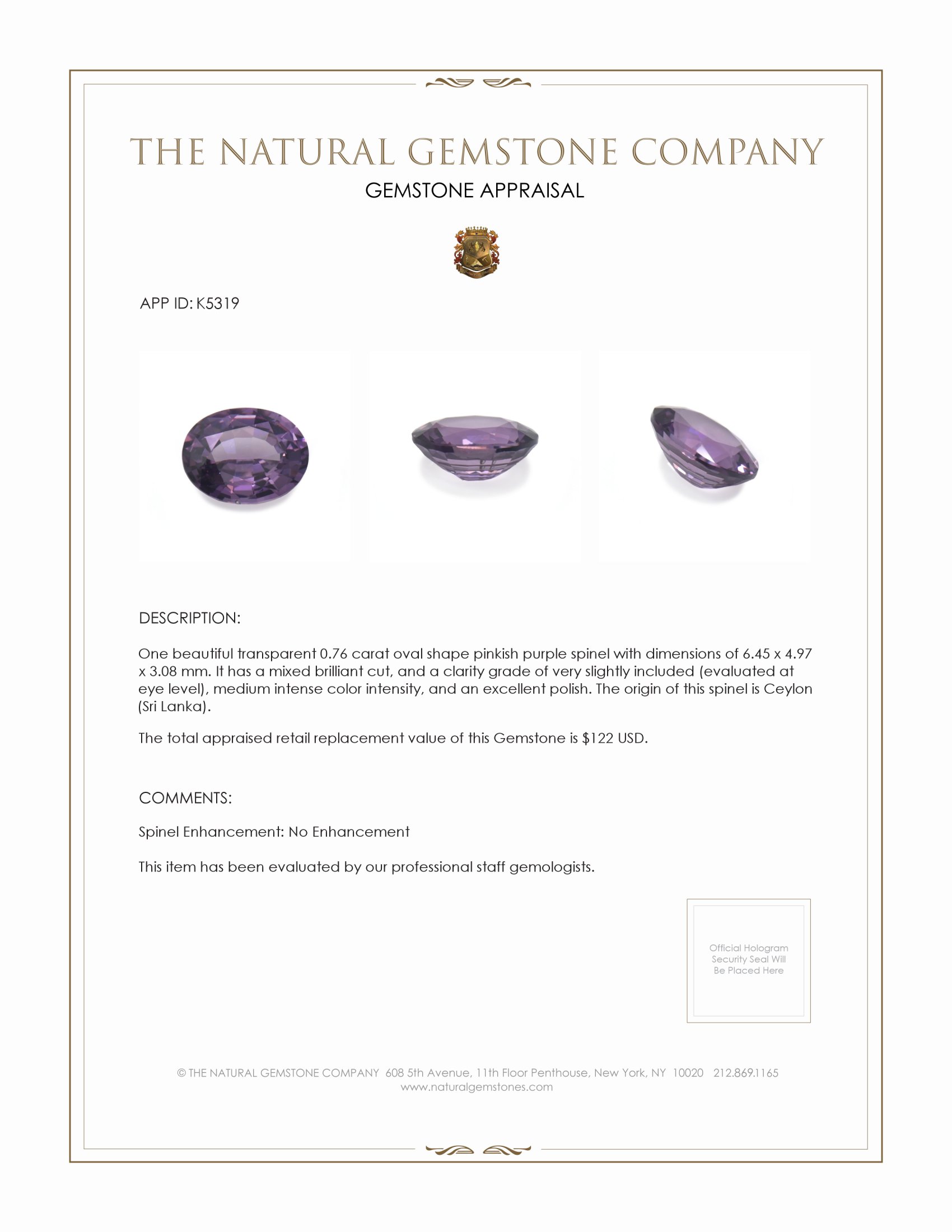 0.76 Ct. Spinel from Ceylon (Sri Lanka)