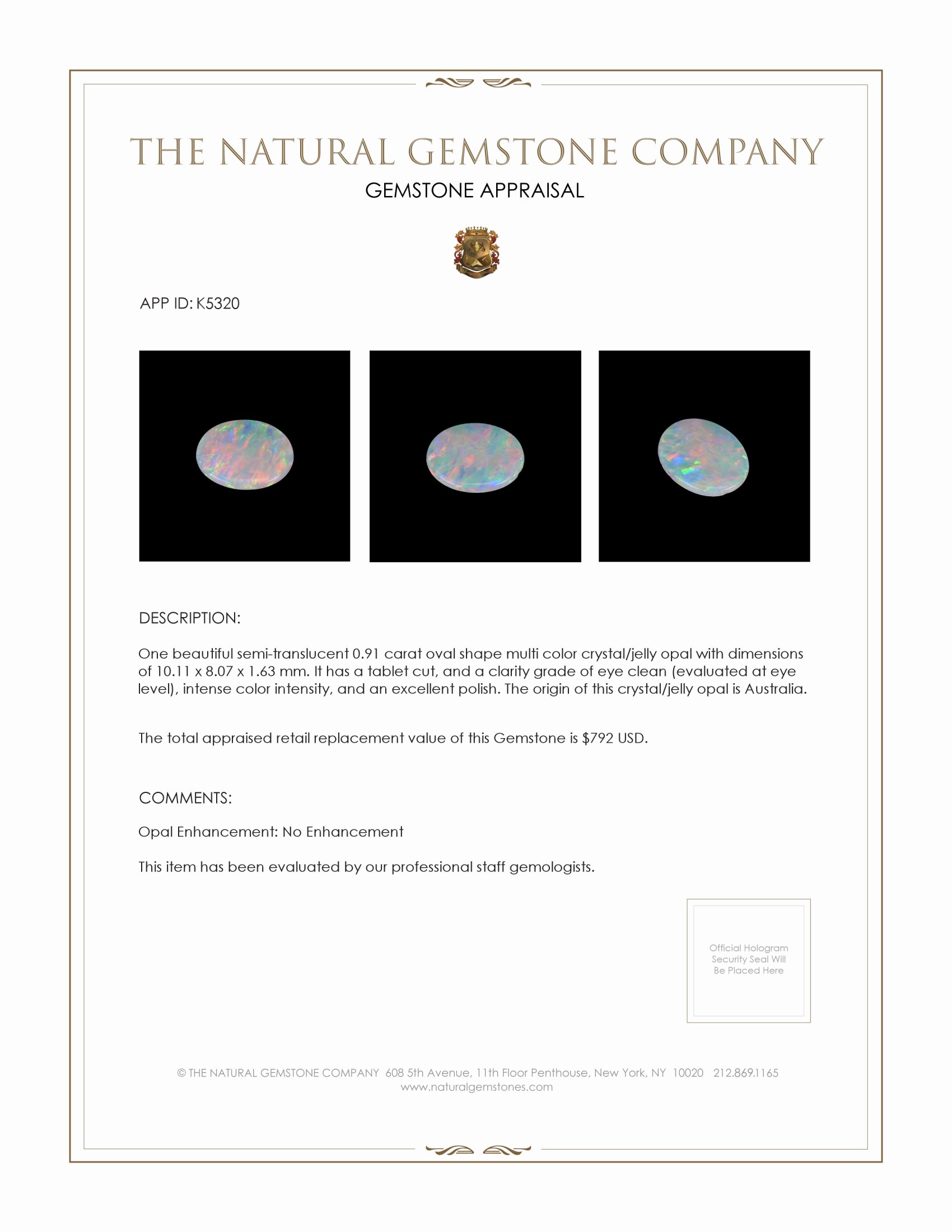 0.91 Ct. Crystal/Jelly Opal from Australia