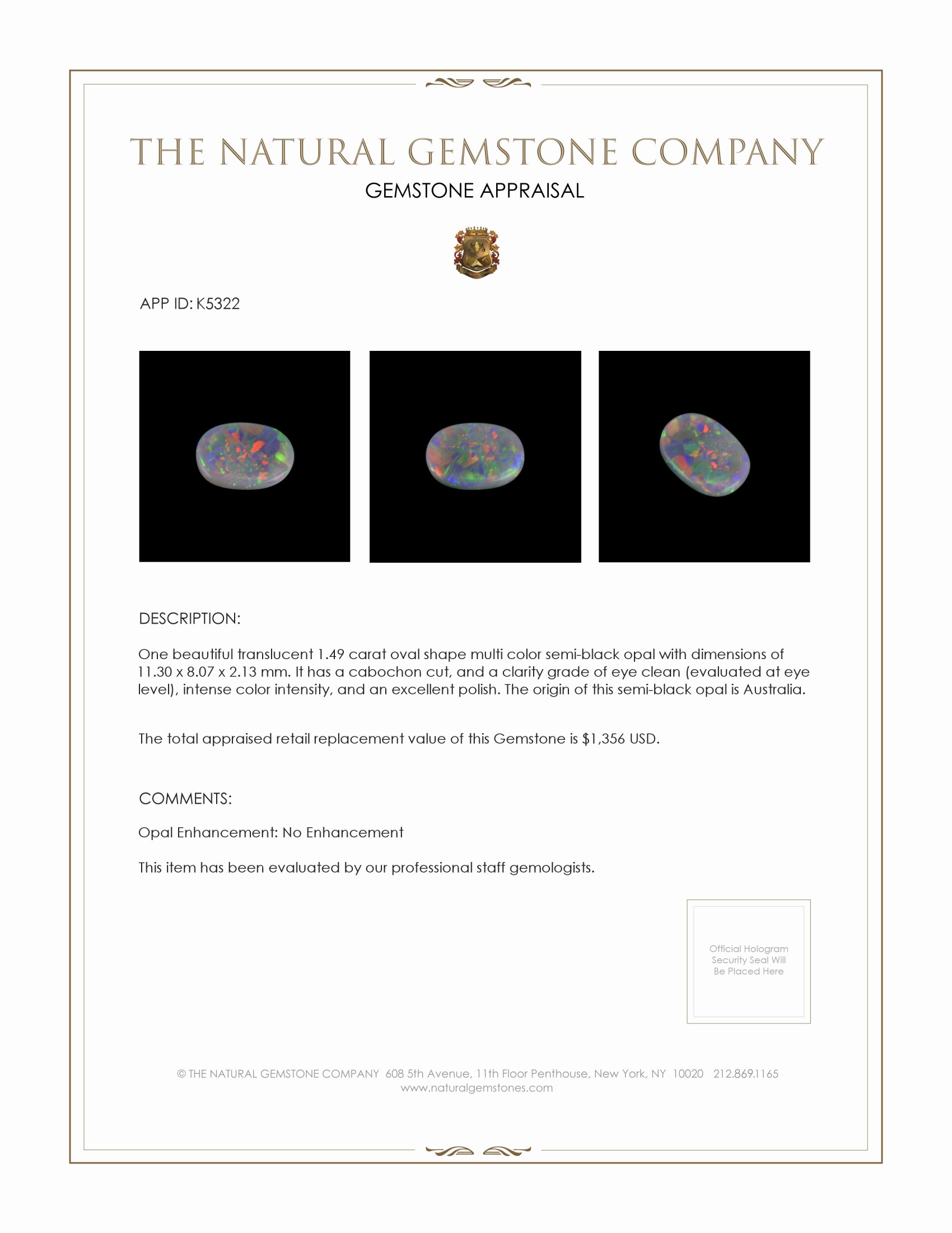 1.49 Ct. Cabochon Semi-Black Opal from Australia