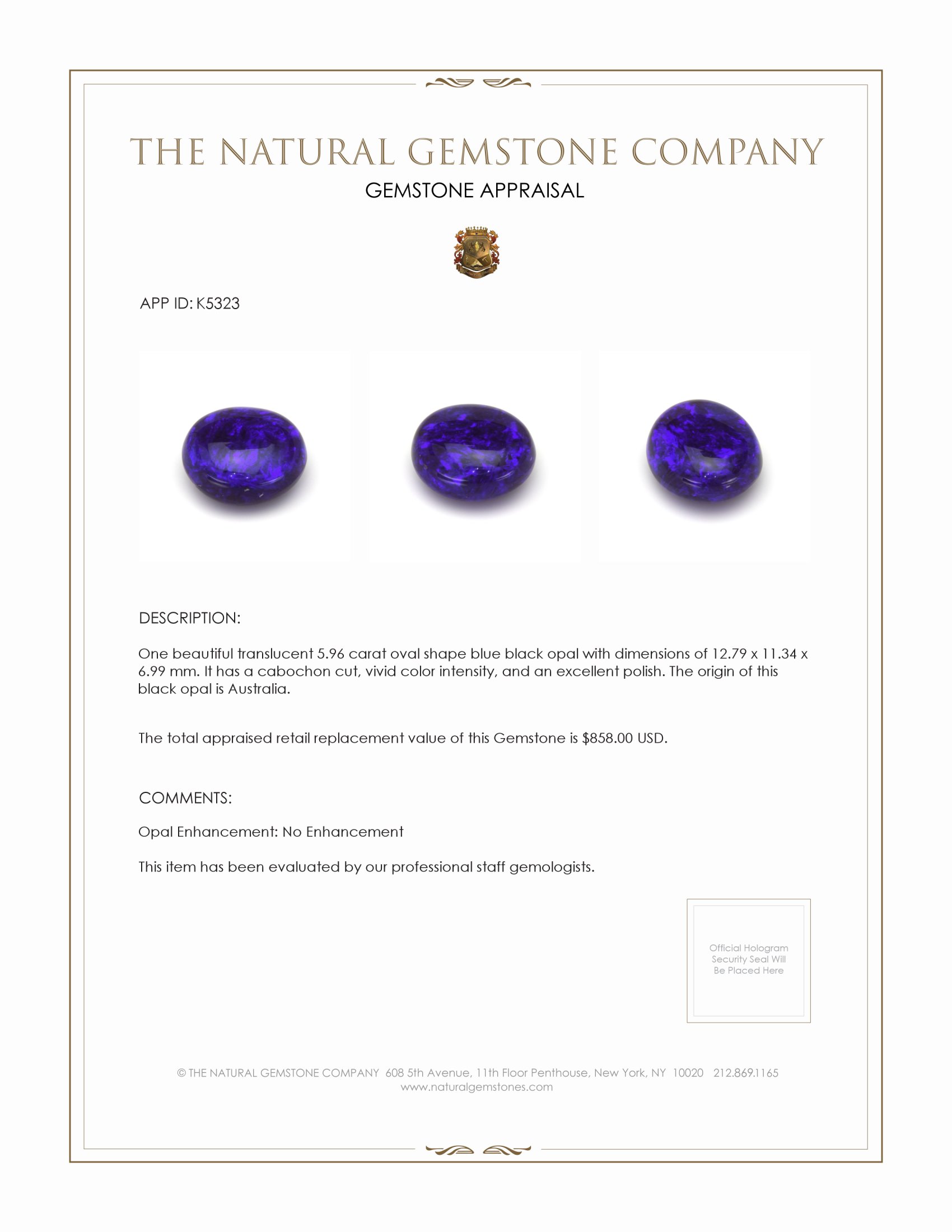 5.96 Ct. Cabochon Black Opal from Australia