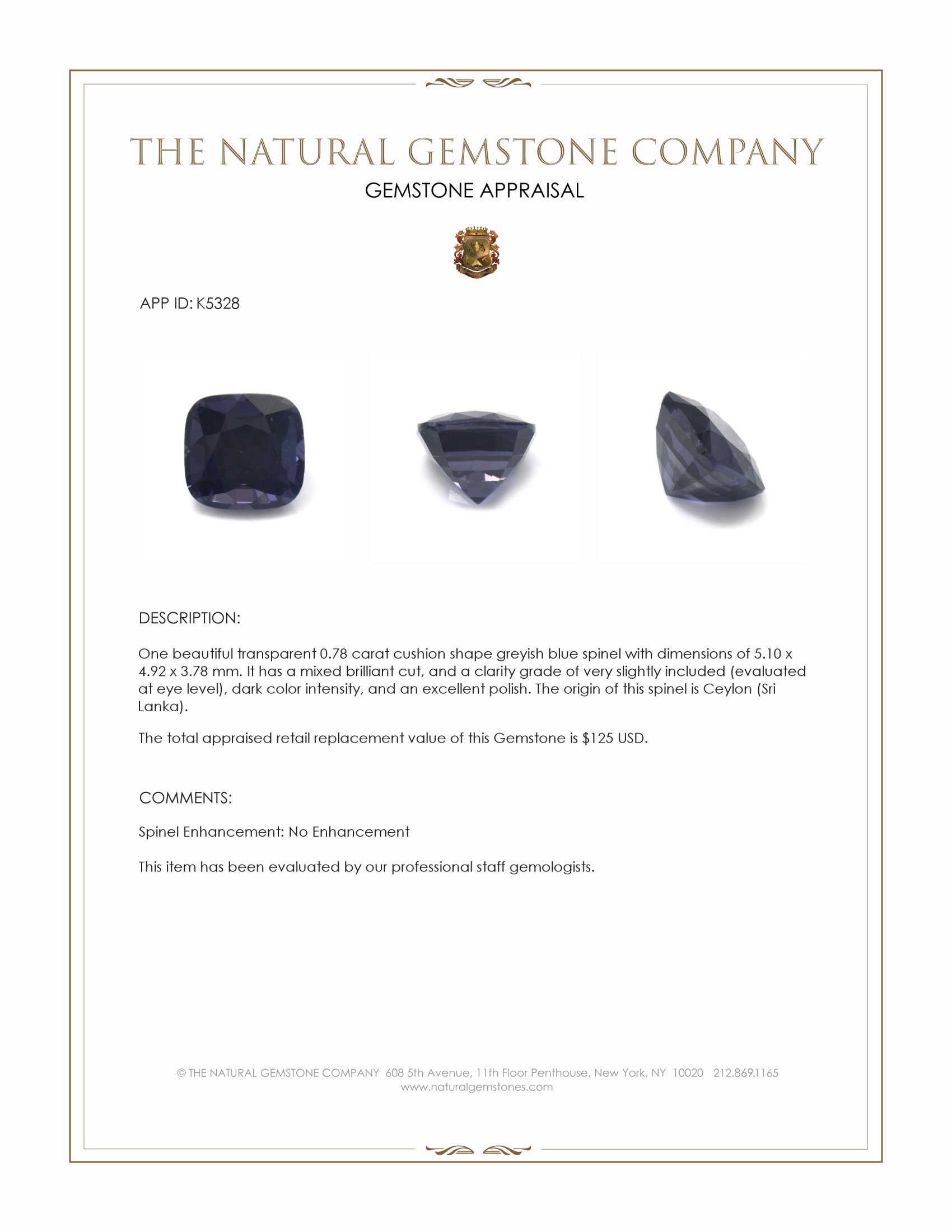 0.78 Ct. Greyish Blue Spinel from Ceylon (Sri Lanka)