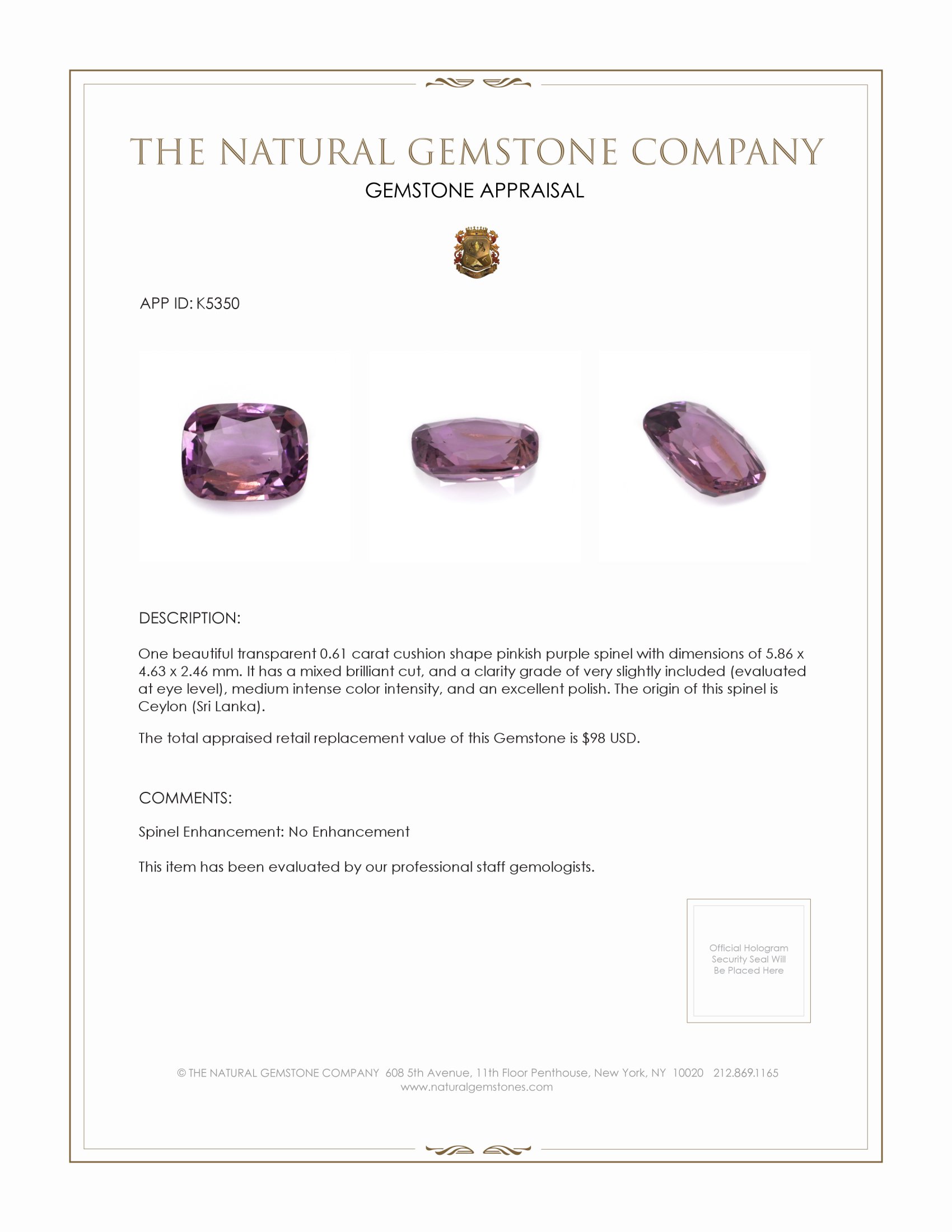 0.61 Ct. Spinel from Ceylon (Sri Lanka)