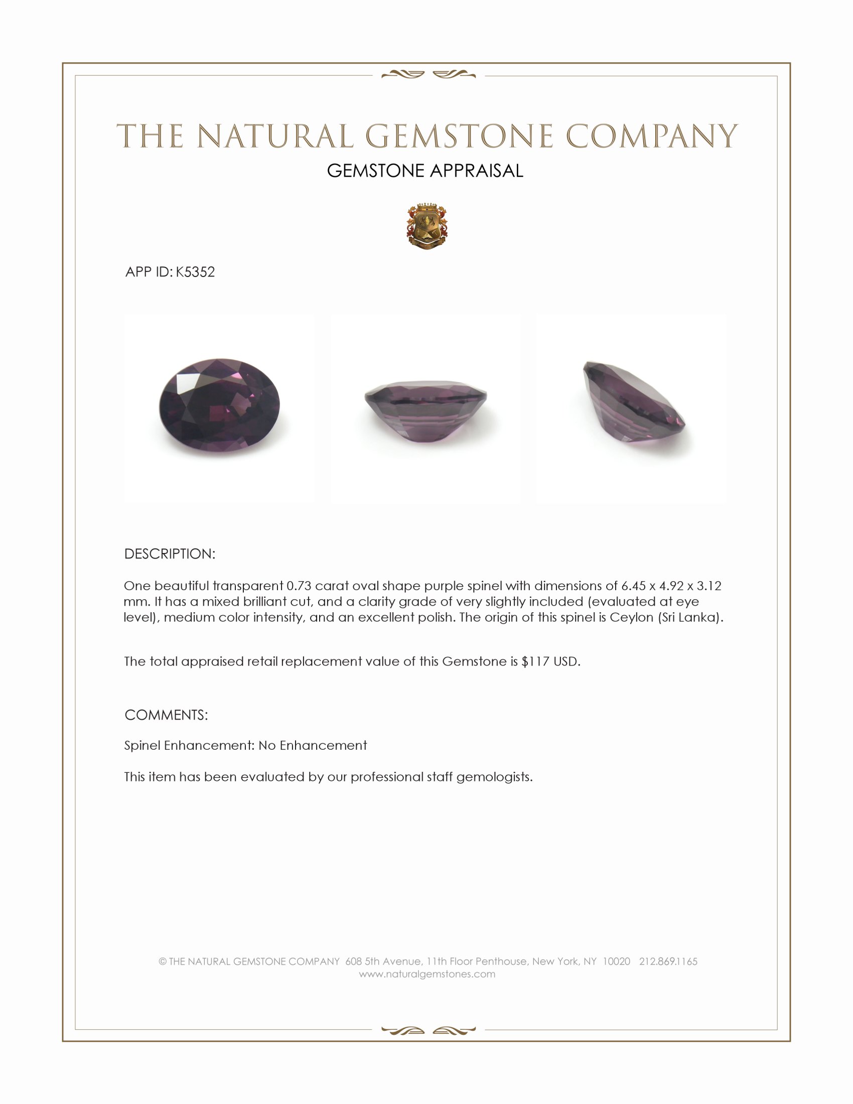 0.73 Ct. Purple Spinel from Ceylon (Sri Lanka)