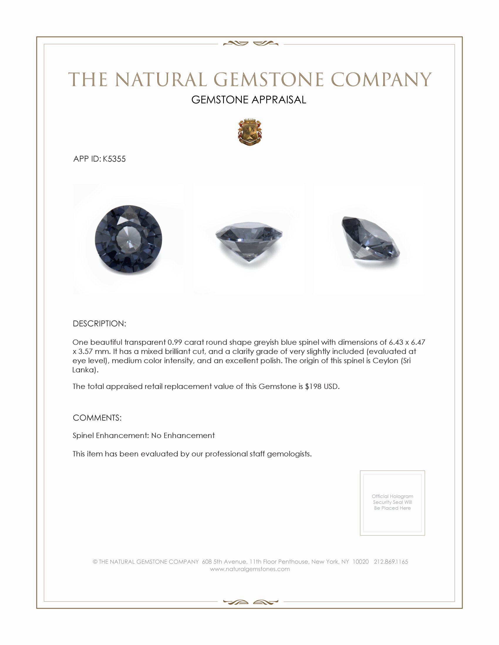 0.99 Ct. Spinel from Ceylon (Sri Lanka)