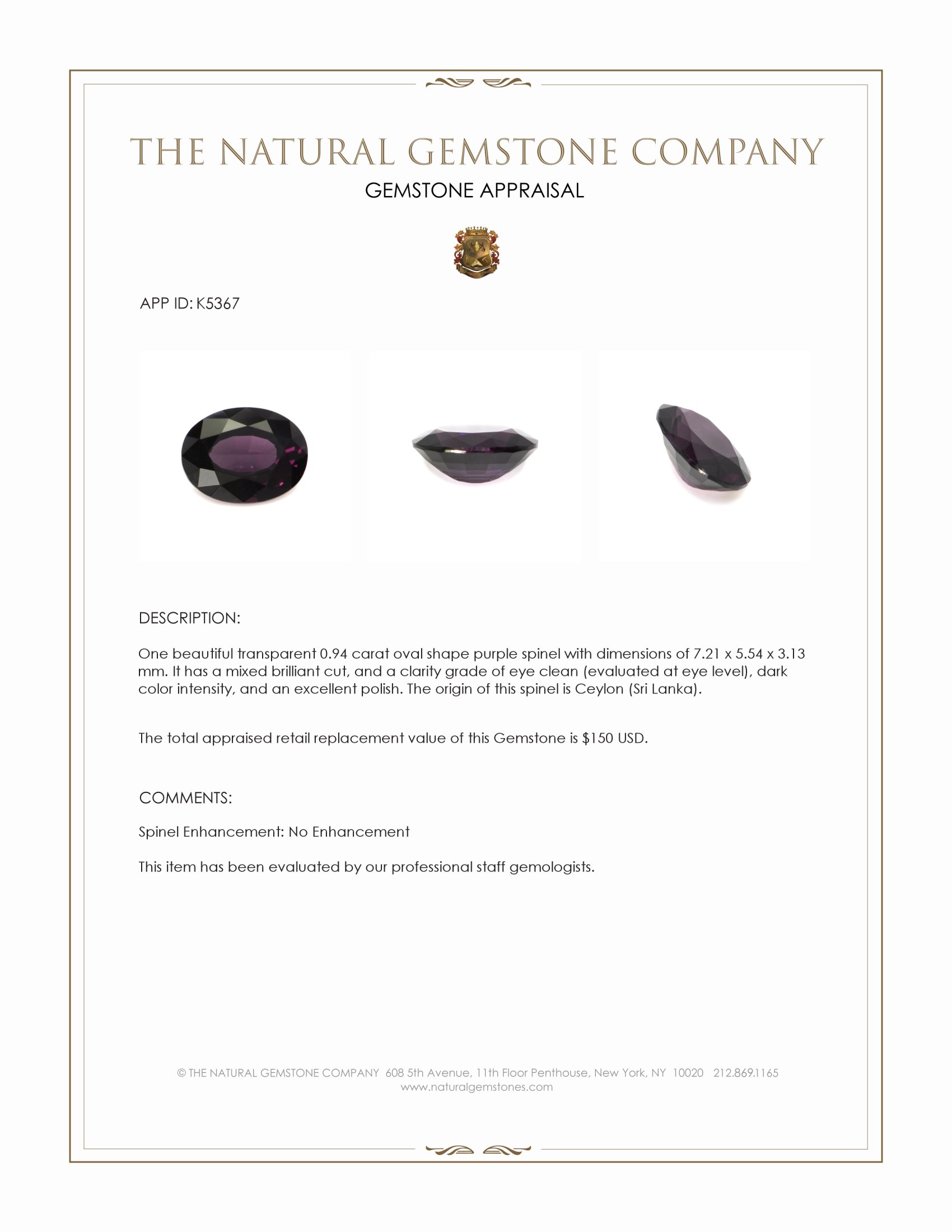 0.94 Ct. Purple Spinel from Ceylon (Sri Lanka)