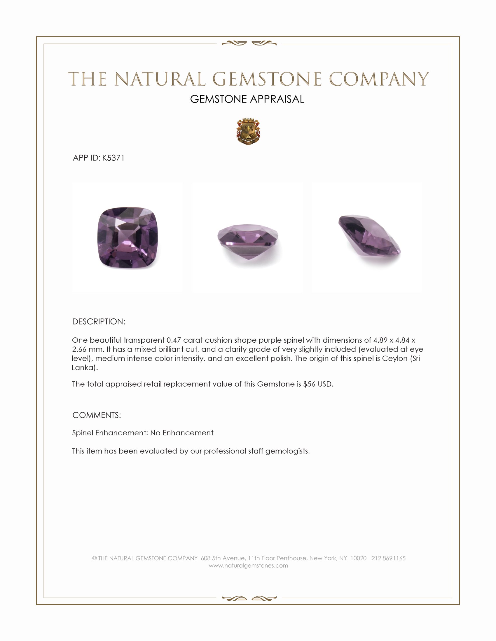 0.47 Ct. Spinel from Ceylon (Sri Lanka)