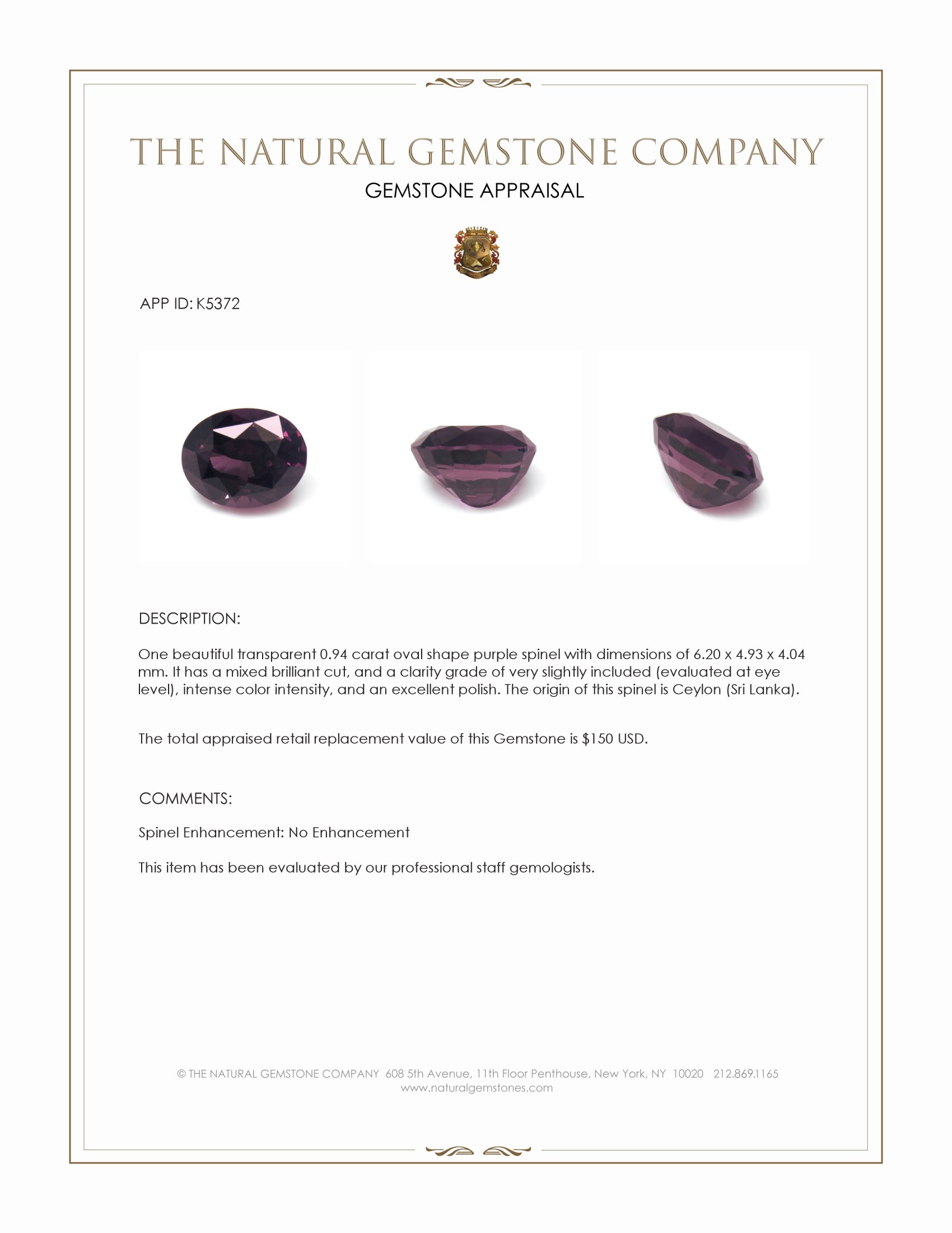0.94 Ct. Purple Spinel from Ceylon (Sri Lanka)
