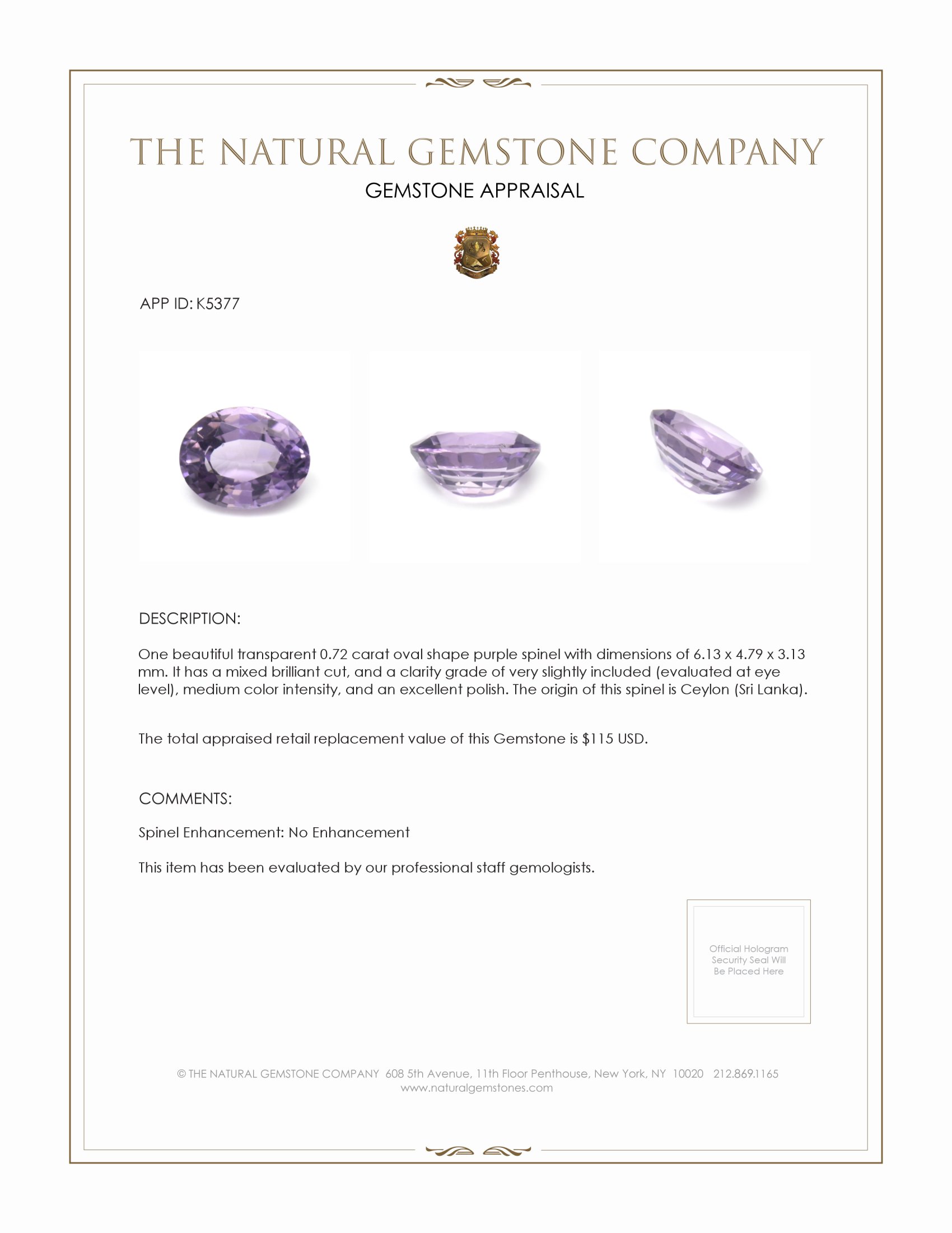 0.72 Ct. Spinel from Ceylon (Sri Lanka)