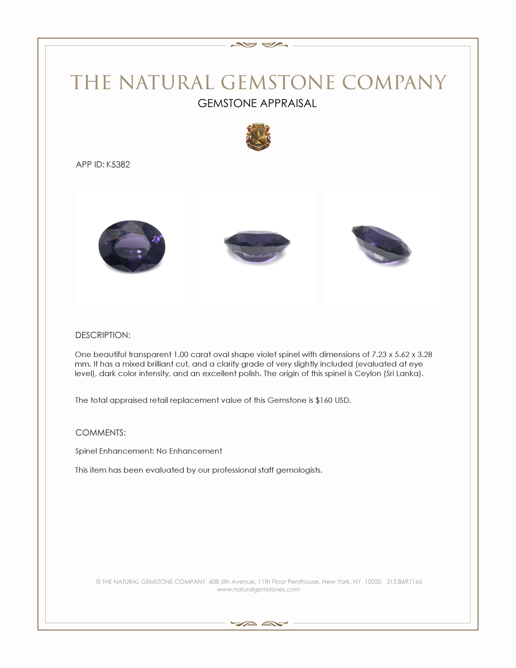 1.00 Ct. Violet Spinel from Ceylon (Sri Lanka)
