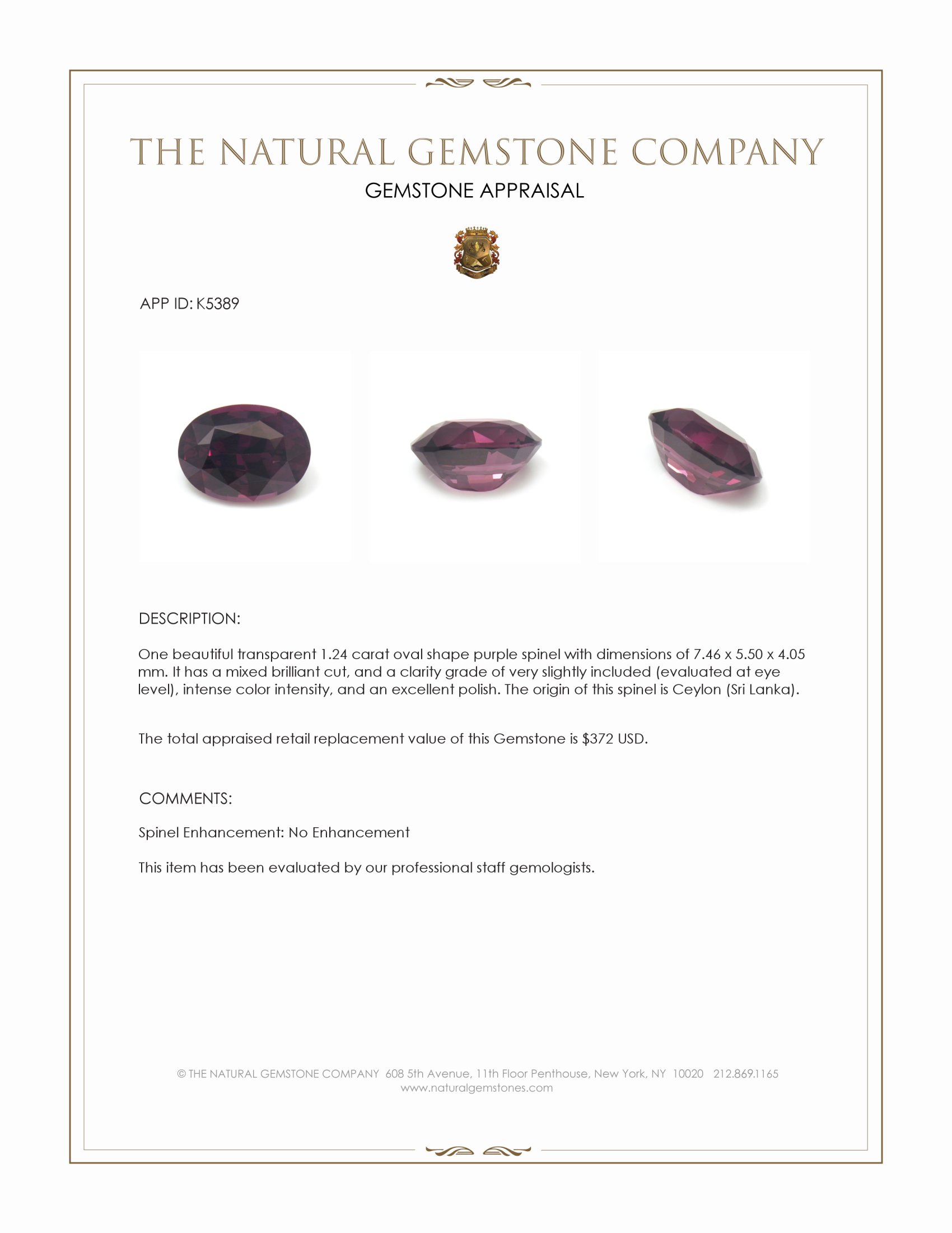 1.24 Ct. Purple Spinel from Ceylon (Sri Lanka)