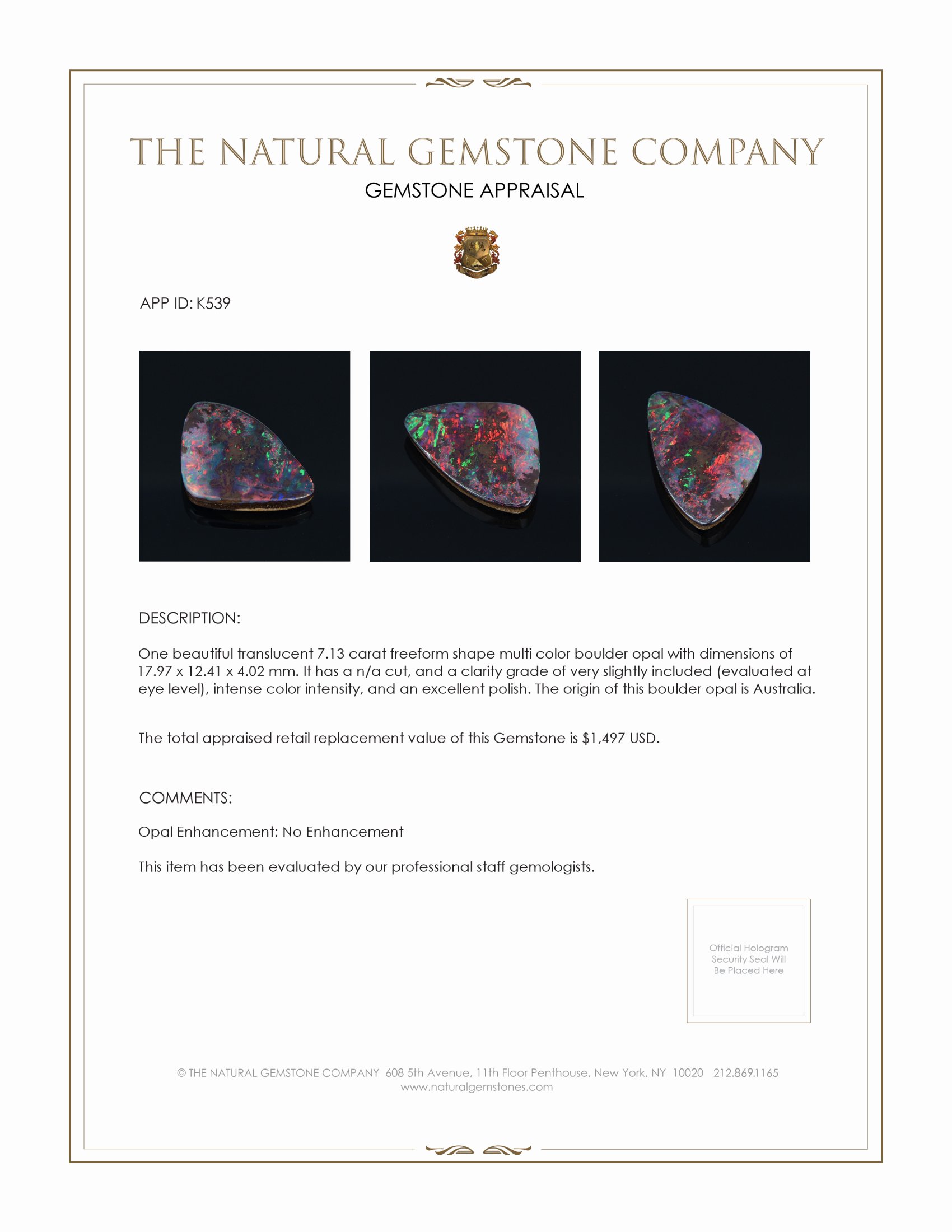7.13 Ct. Multi Color Boulder Opal (Ironstone Opal) from Australia