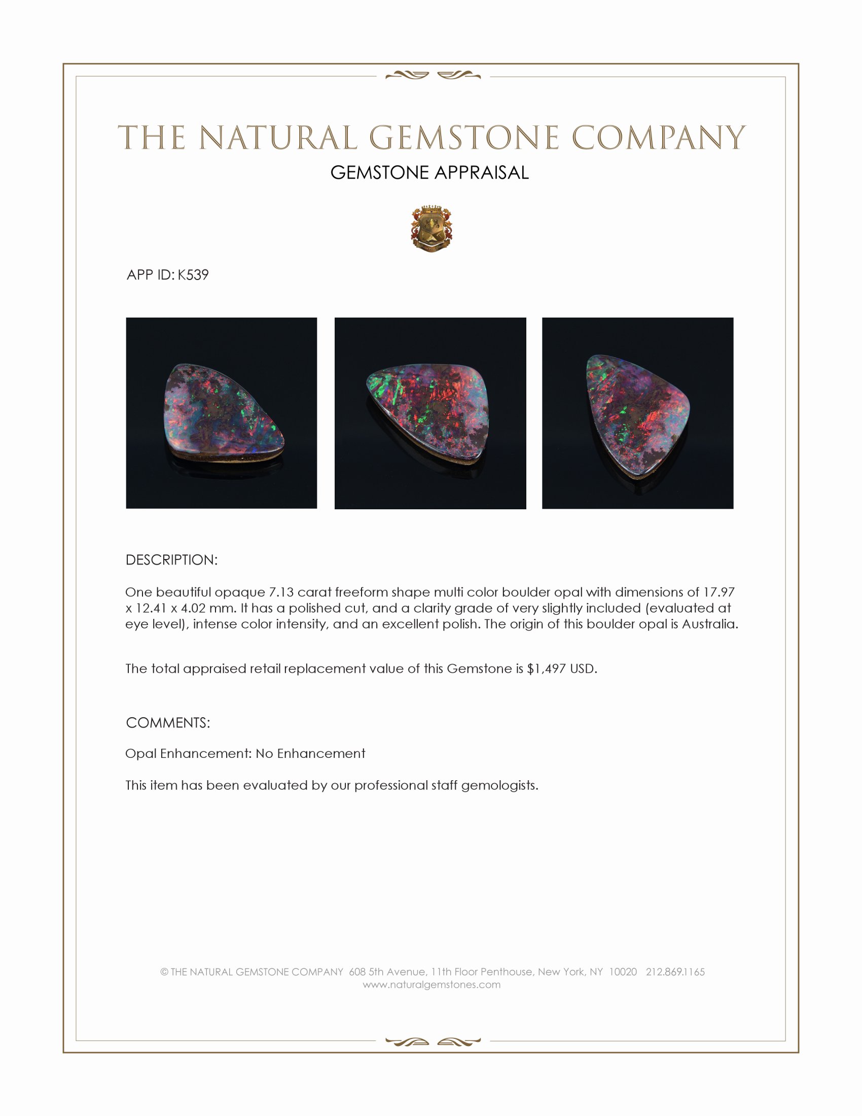 7.13 Ct. Boulder Opal from Australia