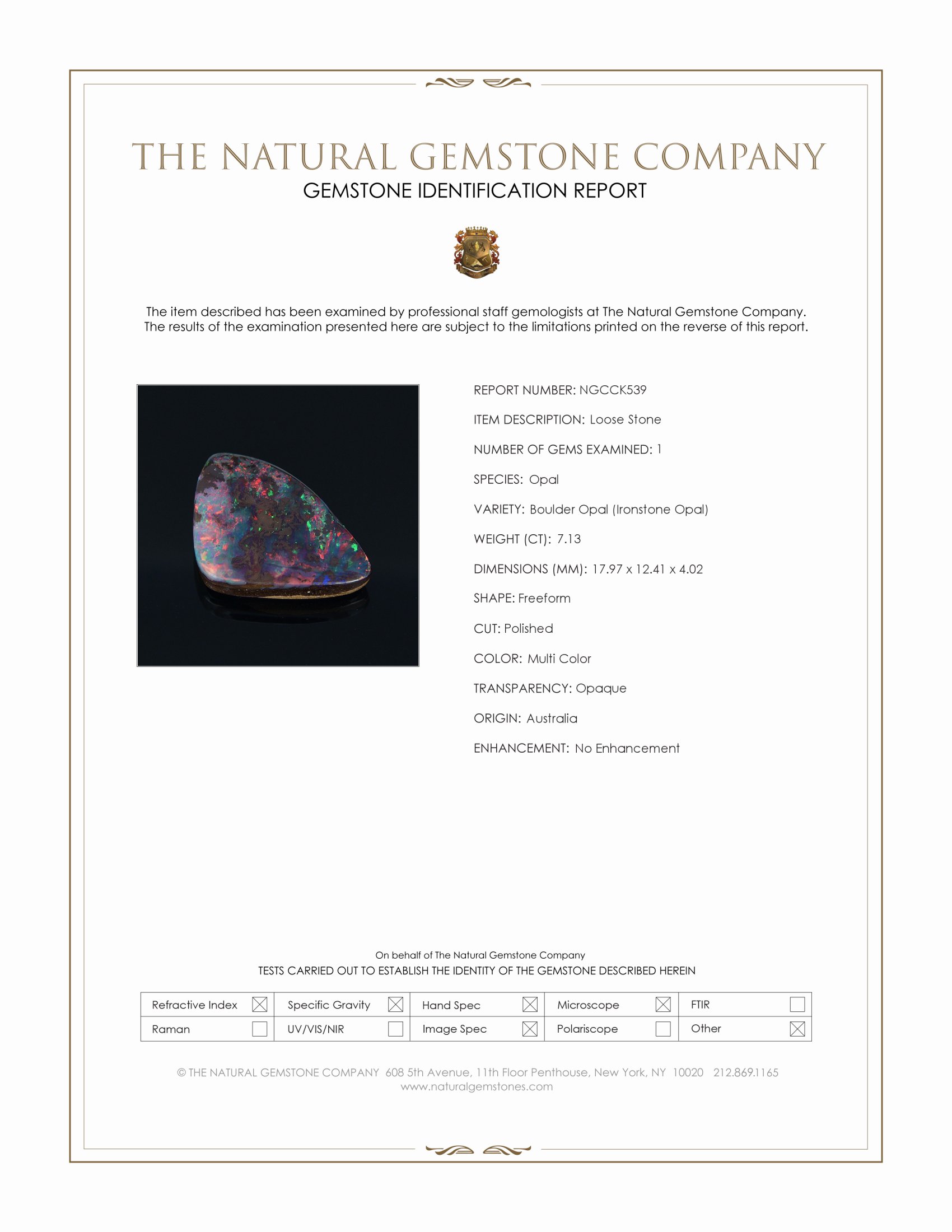 7.13 Ct. Multi Color Boulder Opal (Ironstone Opal) from Australia