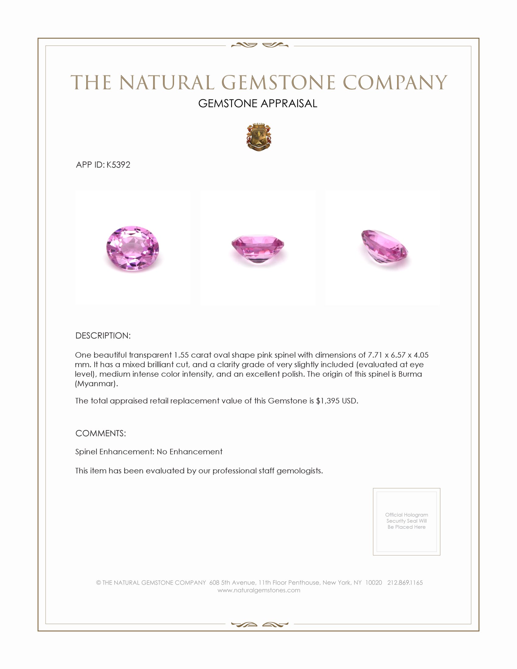 1.55 Ct. Spinel from Burma (Myanmar)