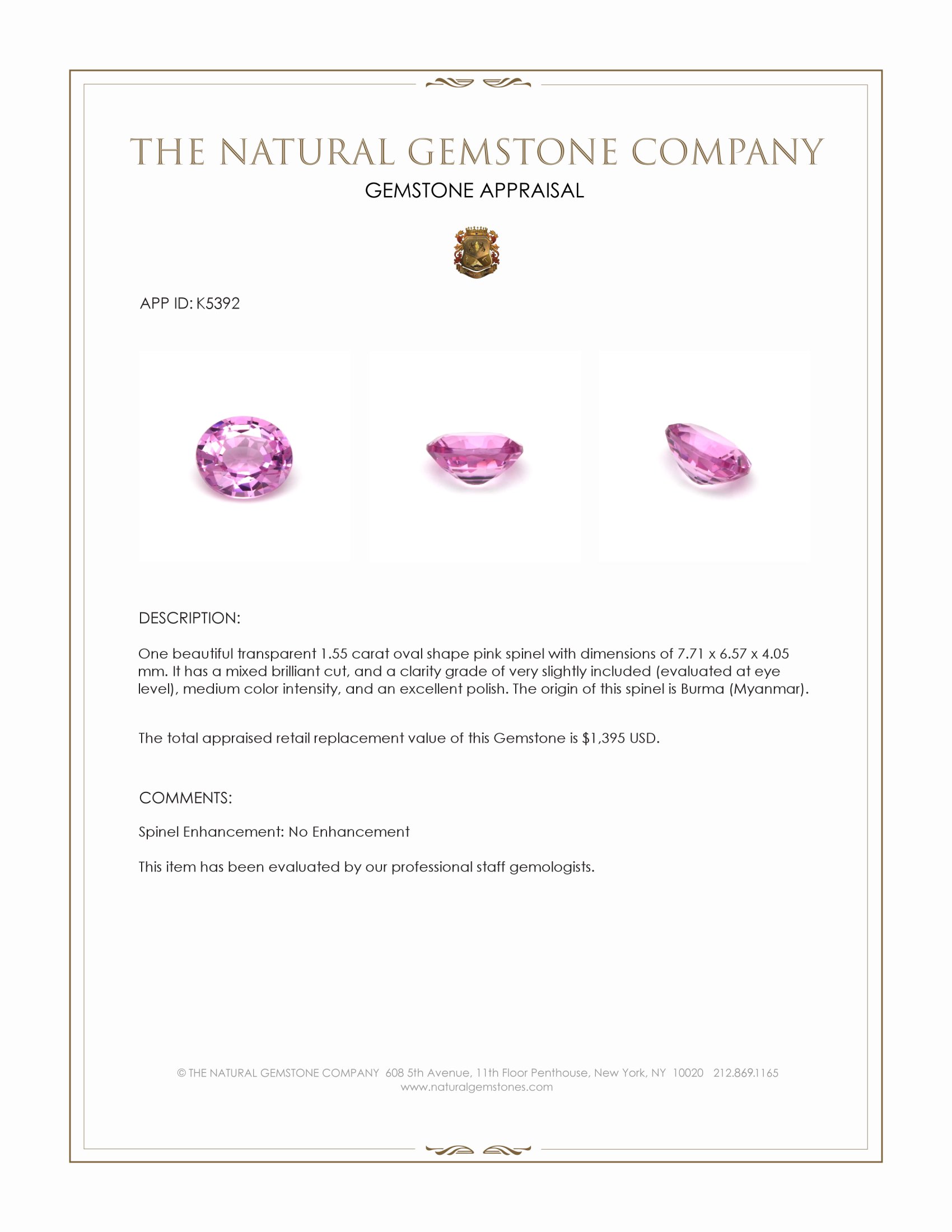 1.55 Ct. Spinel from Burma (Myanmar)