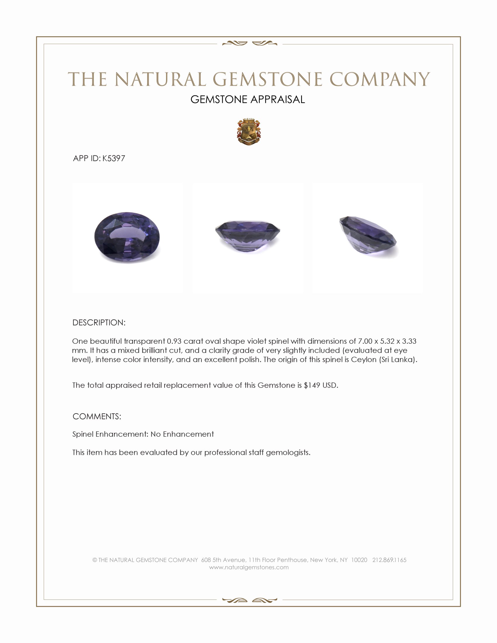 0.93 Ct. Violet Spinel from Ceylon (Sri Lanka)