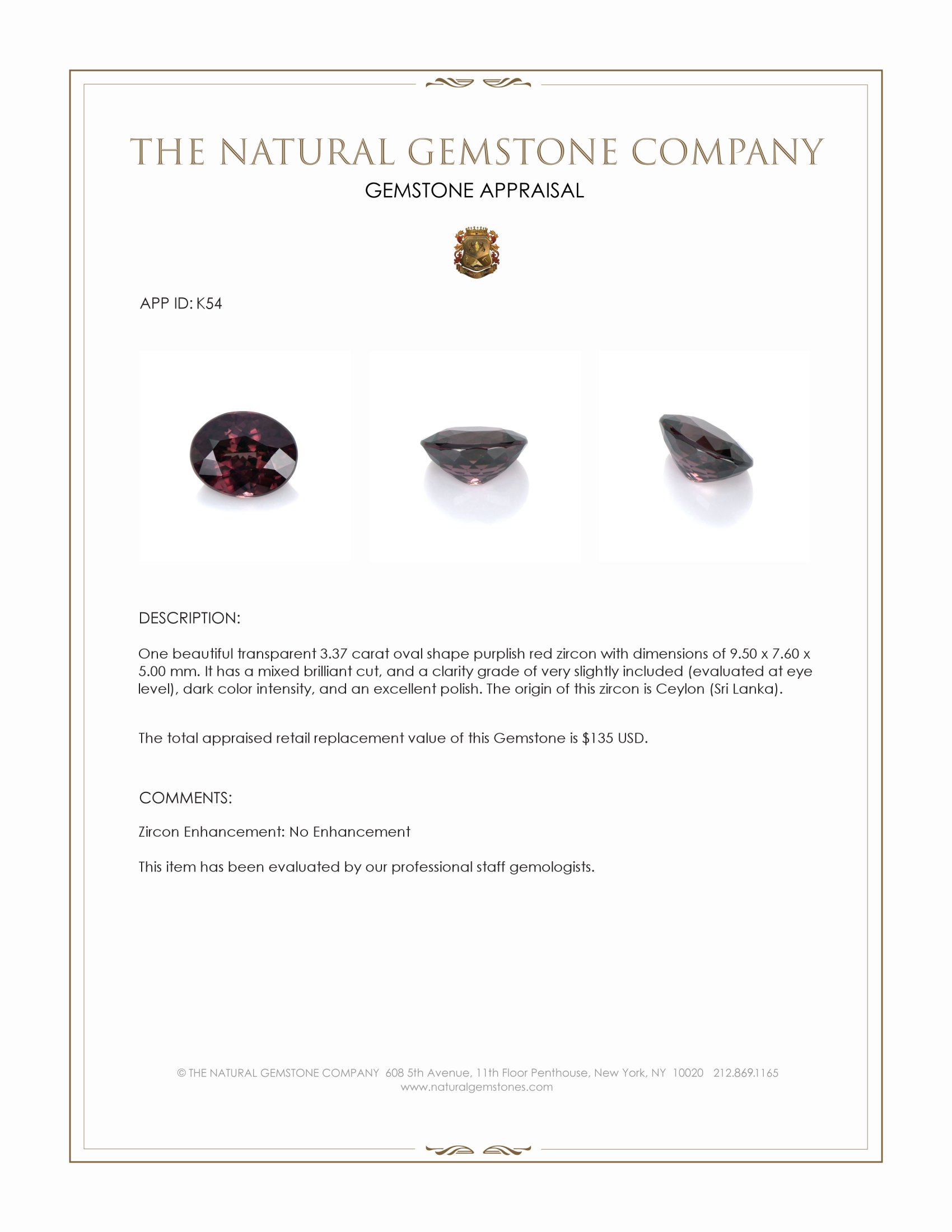 3.37 Ct. Purplish Red Zircon from Ceylon (Sri Lanka)