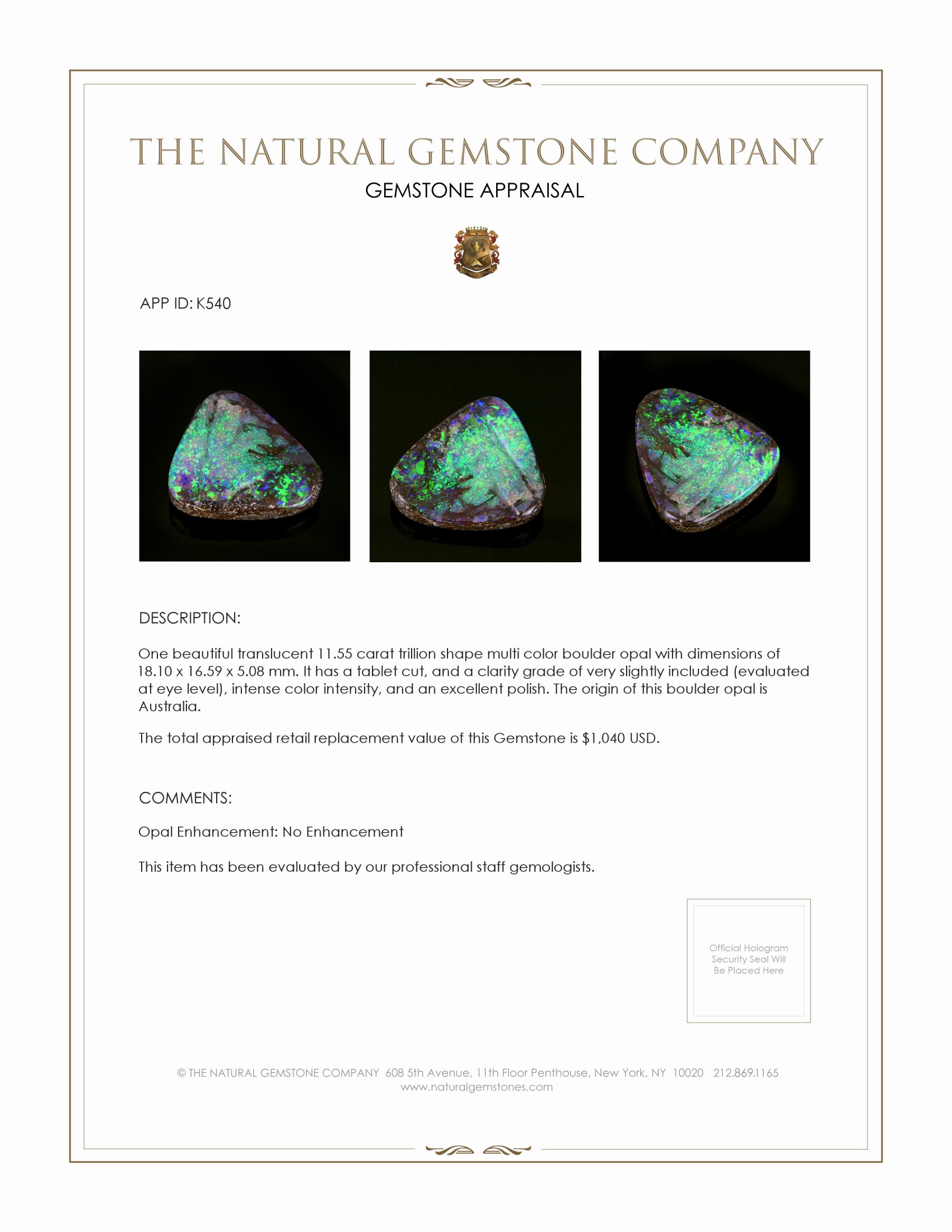 11.55 Ct. Boulder Opal from Australia