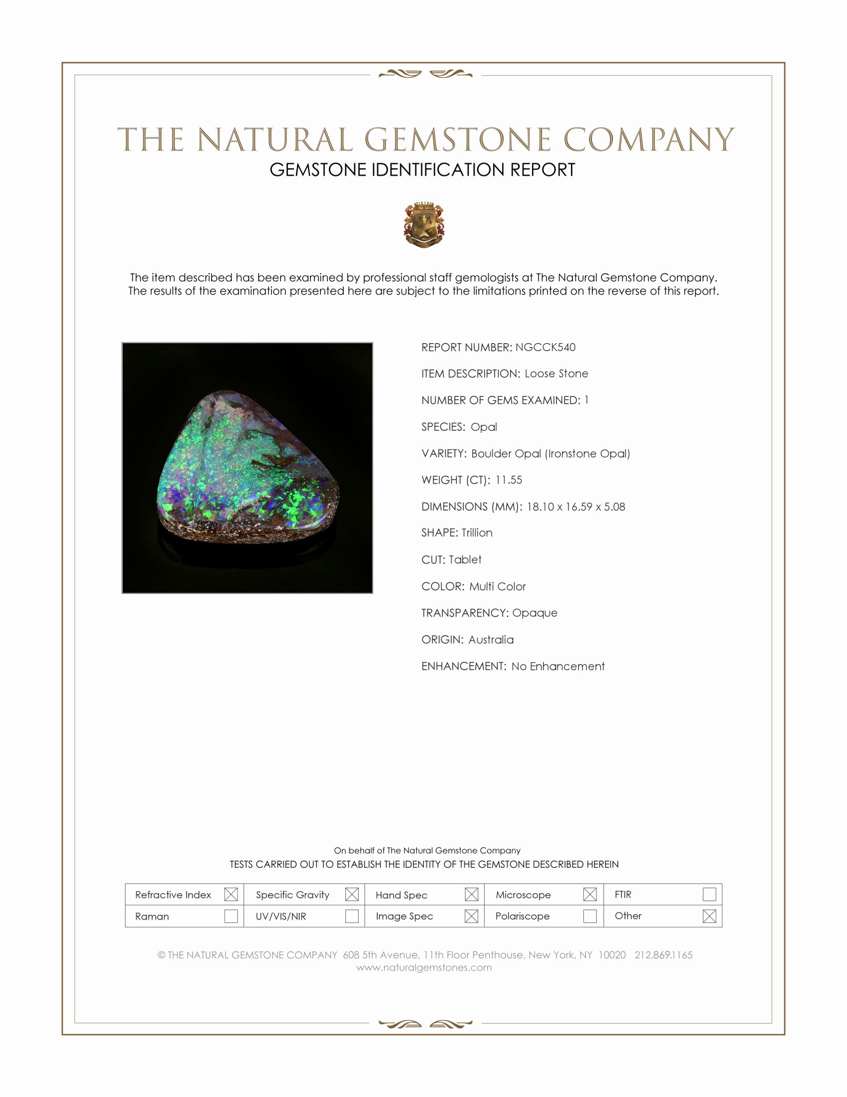 11.55 Ct. Multi Color Boulder Opal (Ironstone Opal) from Australia