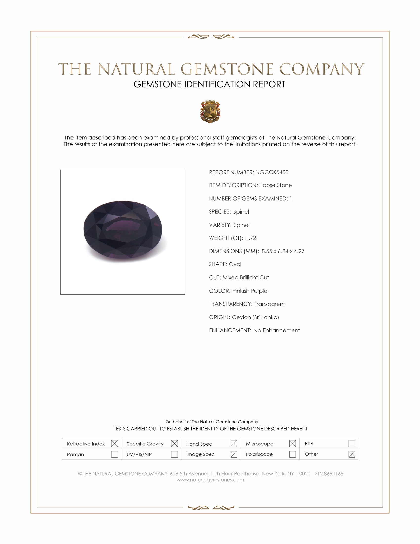 1.72 Ct. Pinkish Purple Spinel from Ceylon (Sri Lanka)