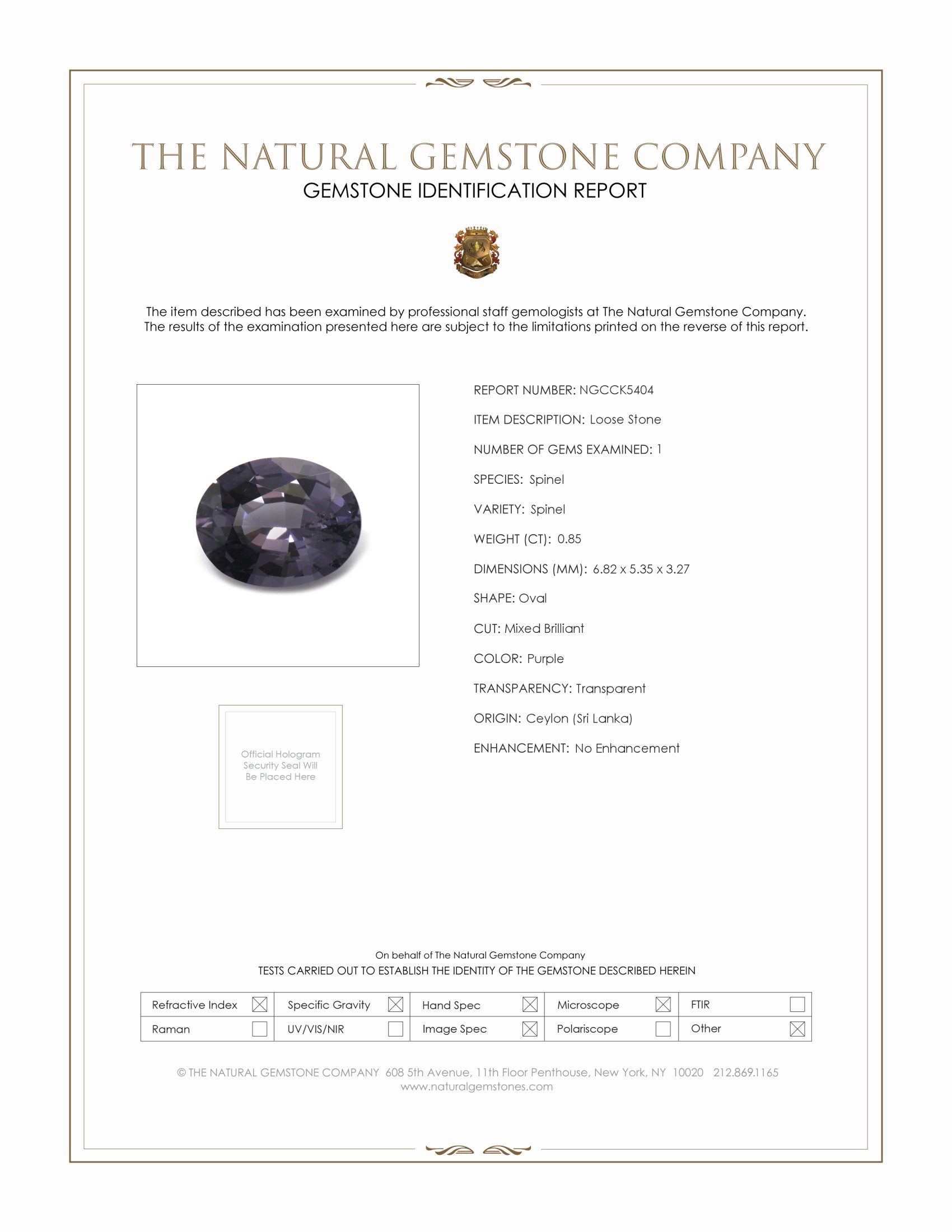 0.85 Ct. Purple Spinel from Ceylon (Sri Lanka)
