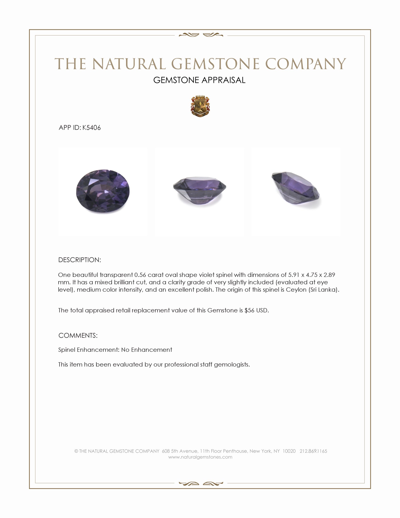 0.56 Ct. Violet Spinel from Ceylon (Sri Lanka)