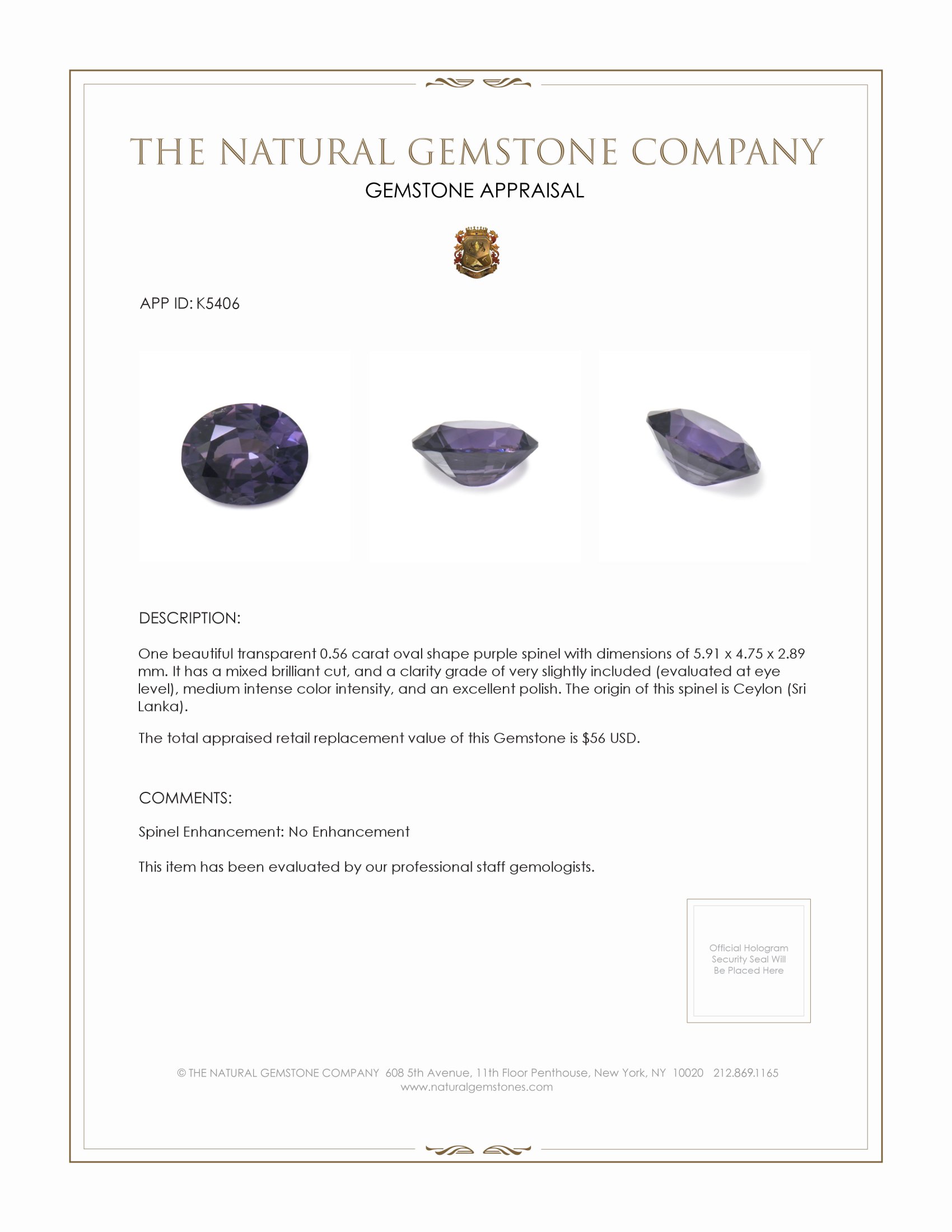 0.56 Ct. Spinel from Ceylon (Sri Lanka)