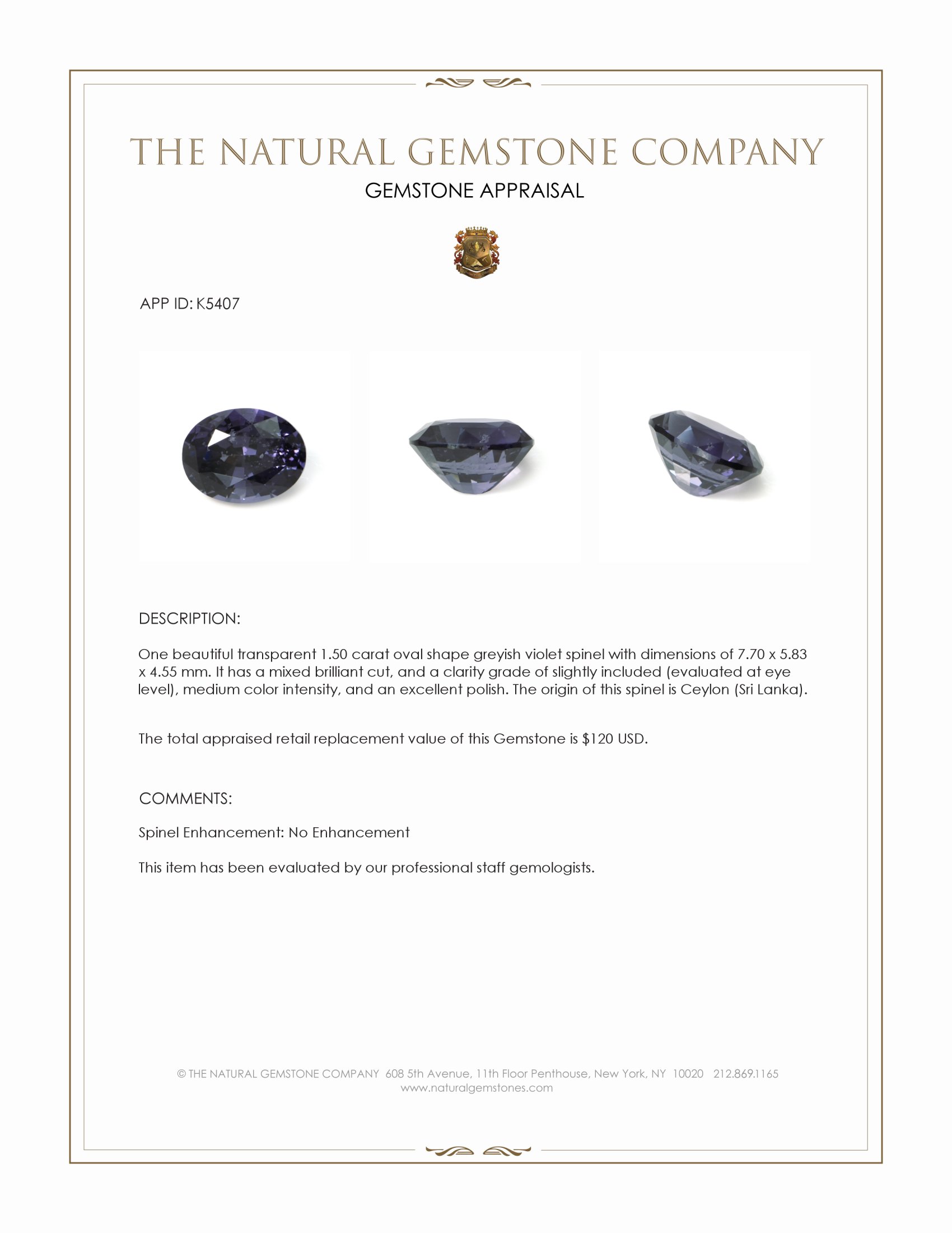 1.50 Ct. Greyish Violet Spinel from Ceylon (Sri Lanka)