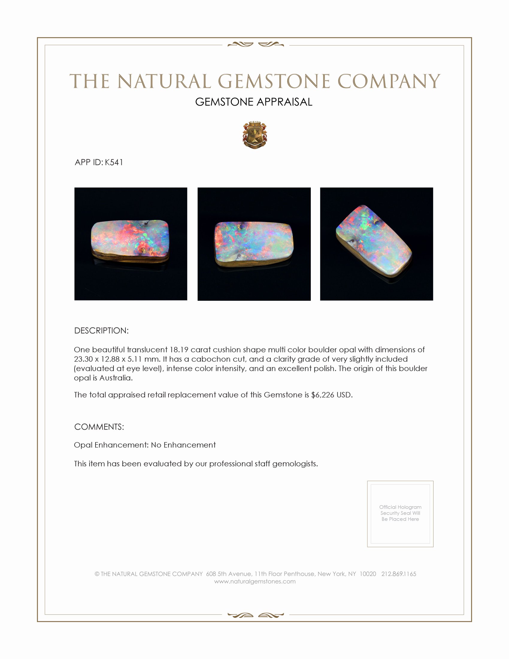 18.19 Ct. Cabochon Boulder Opal from Australia