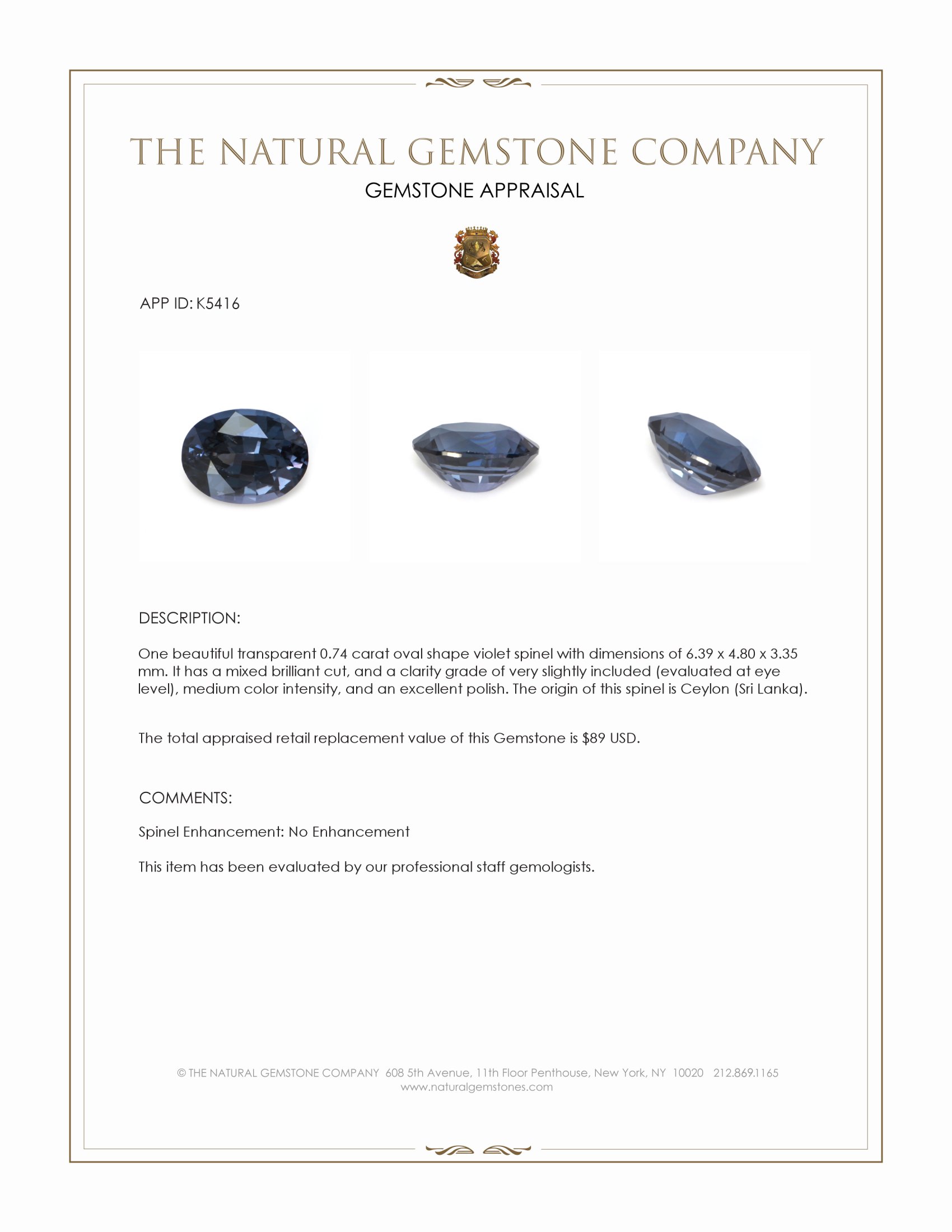 0.74 Ct. Greyish Blue Spinel from Ceylon (Sri Lanka)