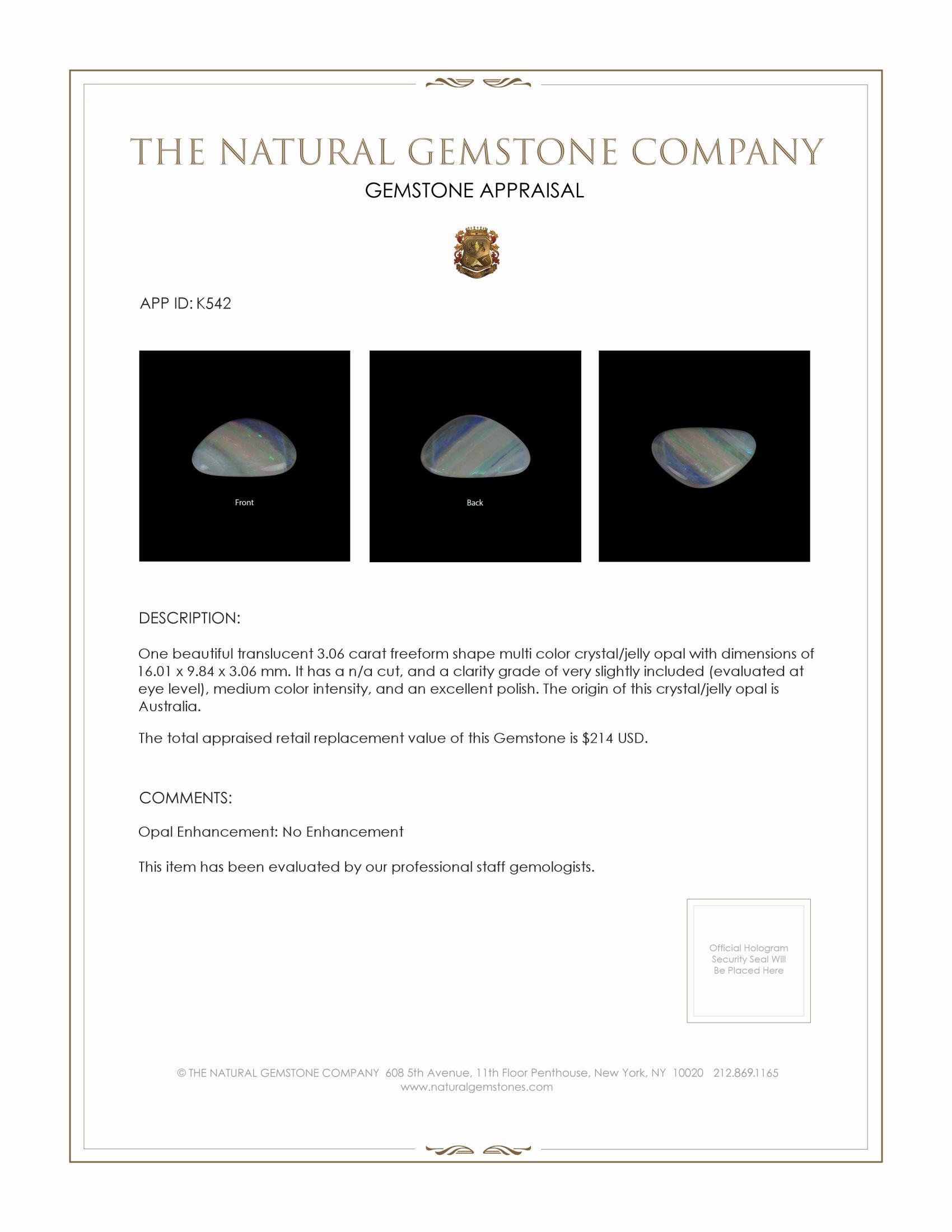 3.06 Ct. Crystal/Jelly Opal from Australia