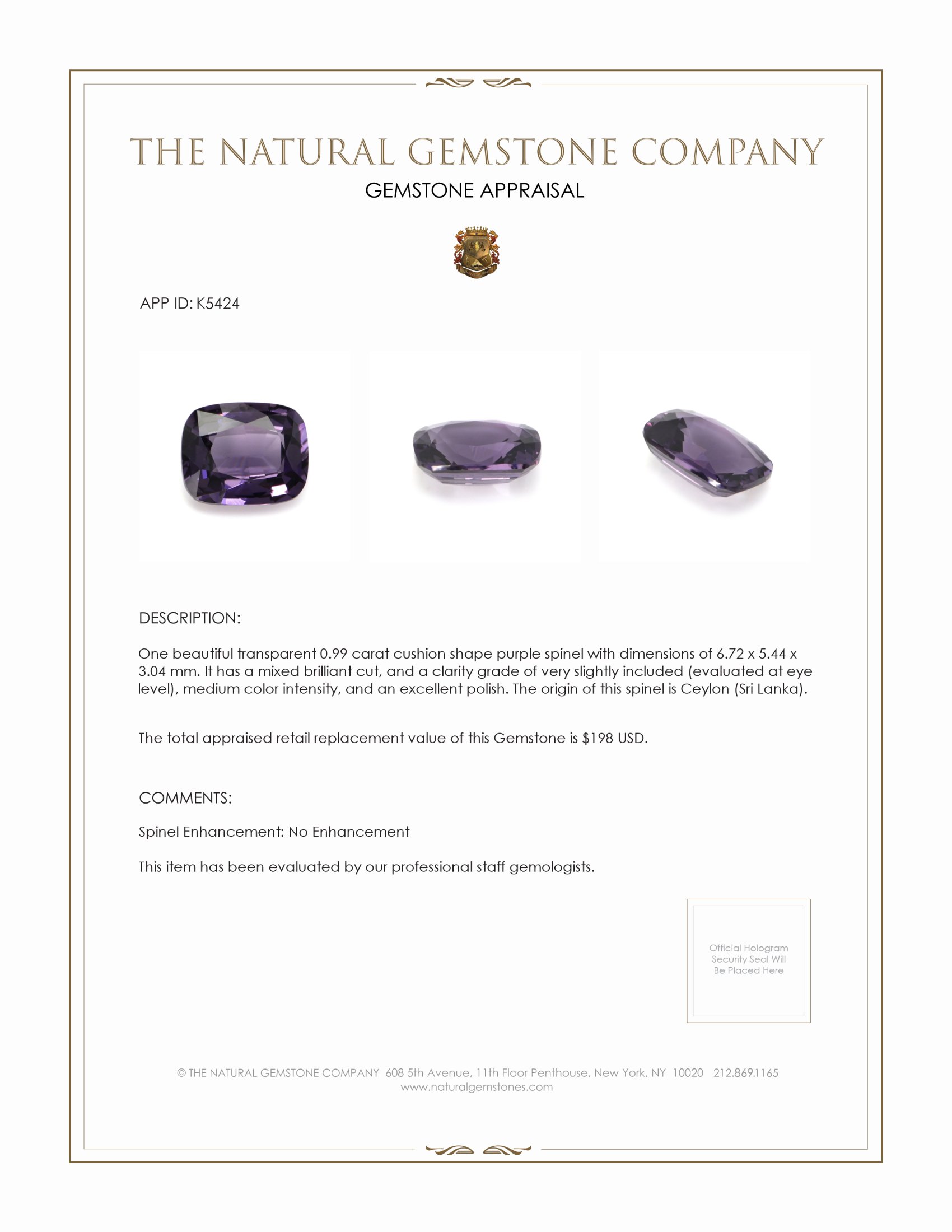 0.99 Ct. Purple Spinel from Ceylon (Sri Lanka)