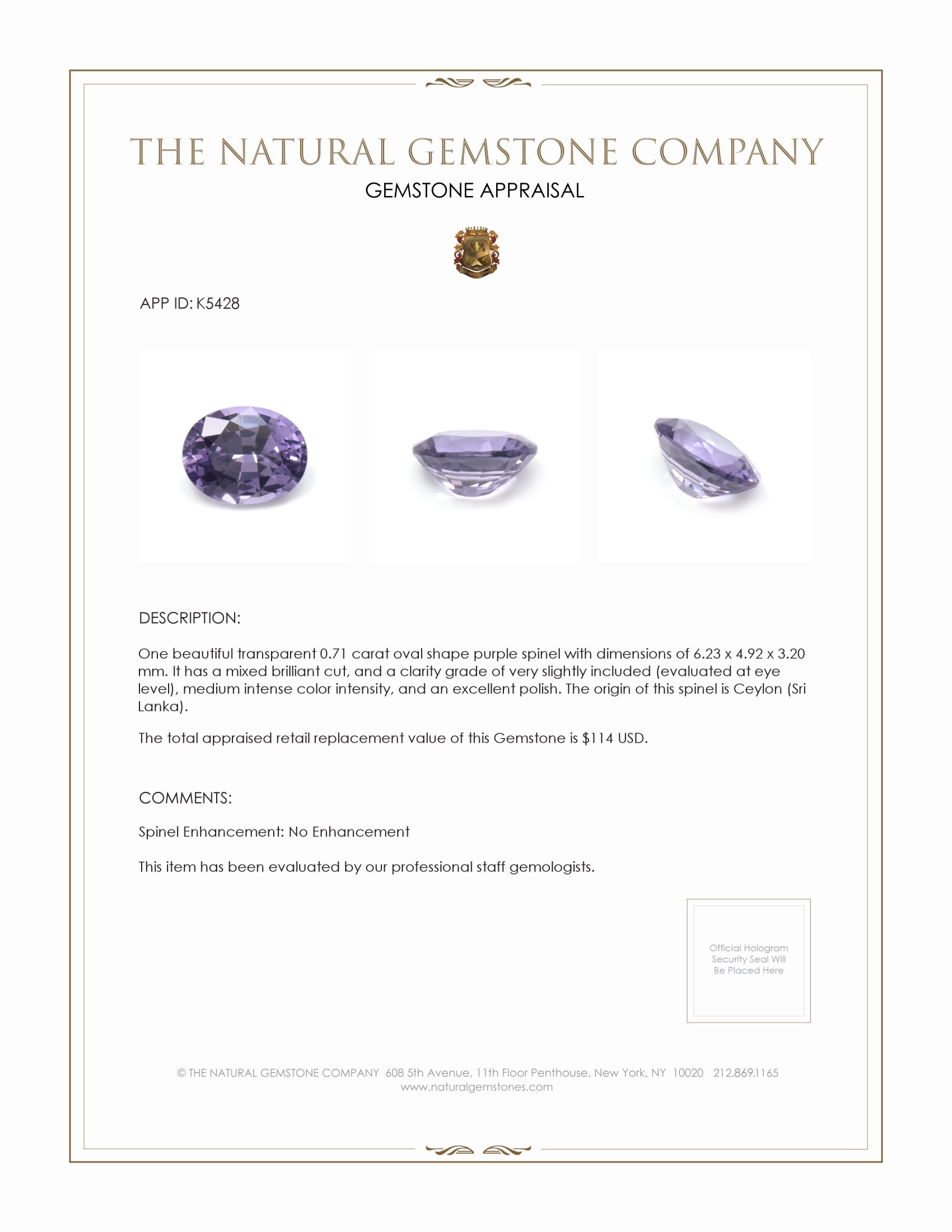 0.71 Ct. Spinel from Ceylon (Sri Lanka)