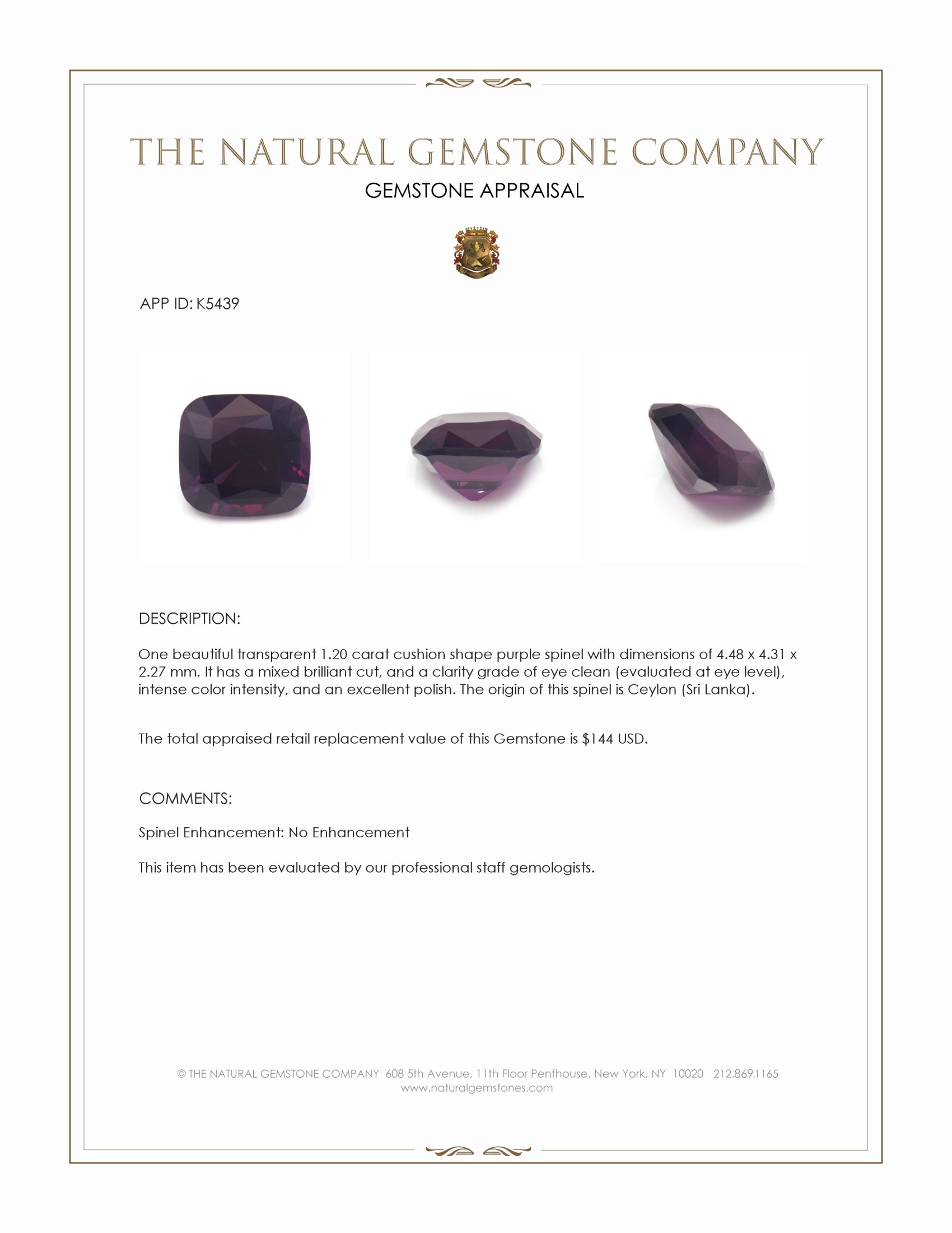 1.20 Ct. Purple Spinel from Ceylon (Sri Lanka)