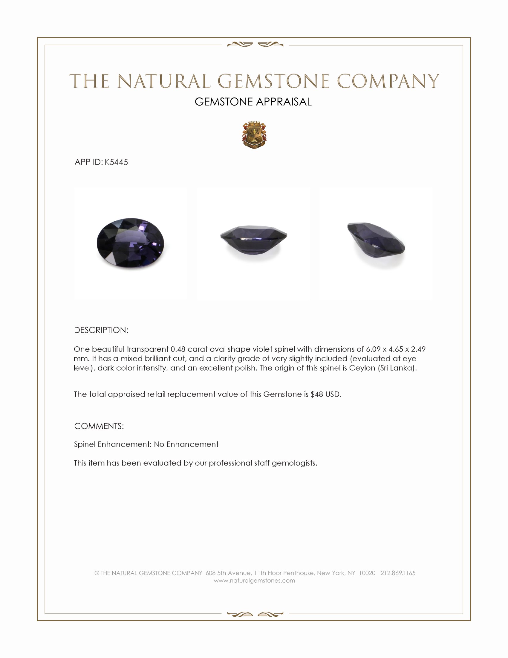 0.48 Ct. Violet Spinel from Ceylon (Sri Lanka)